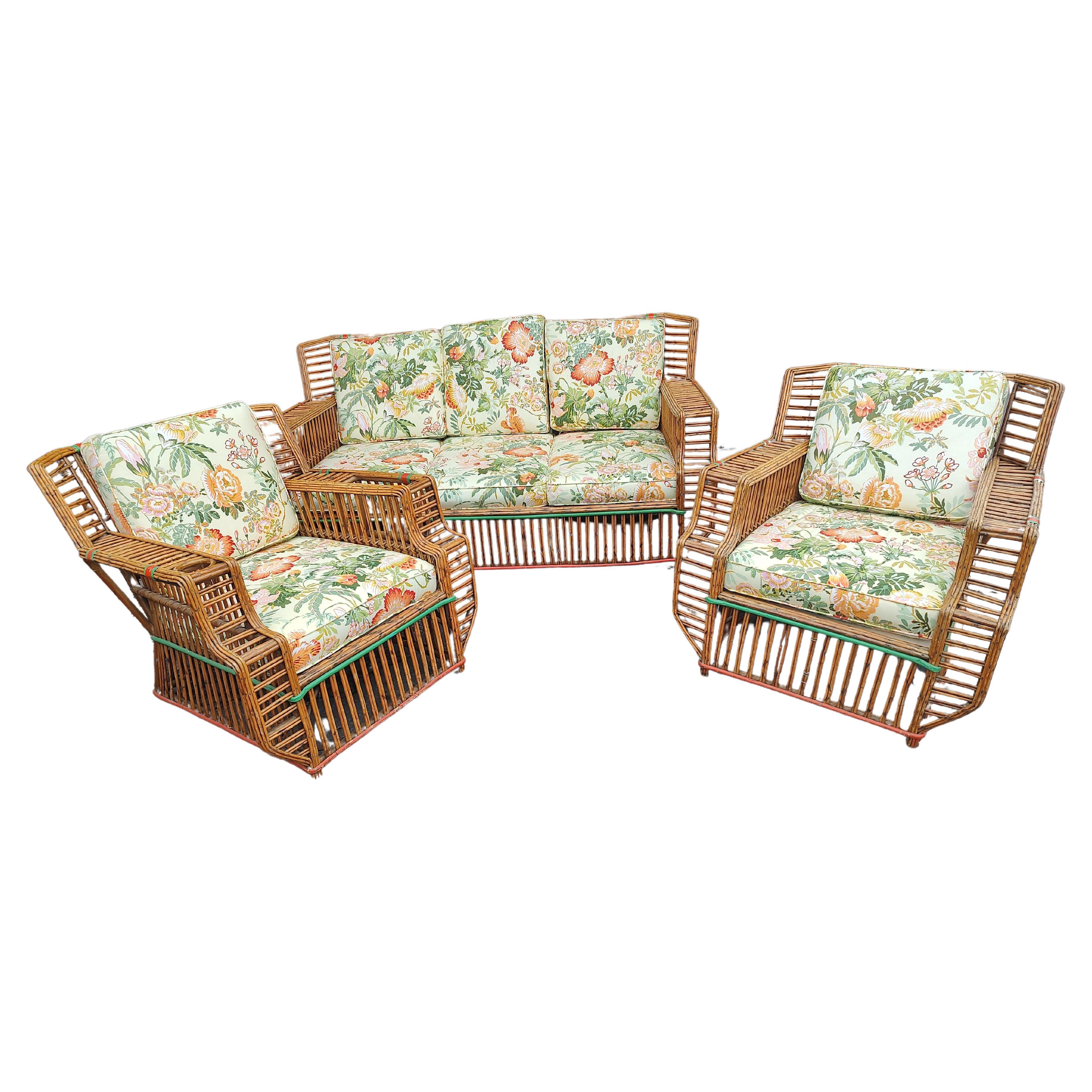 Art Deco 3 pc Suite Split Reed Rattan Sofa with a Pair of Lounge Chairs C1935 For Sale 4