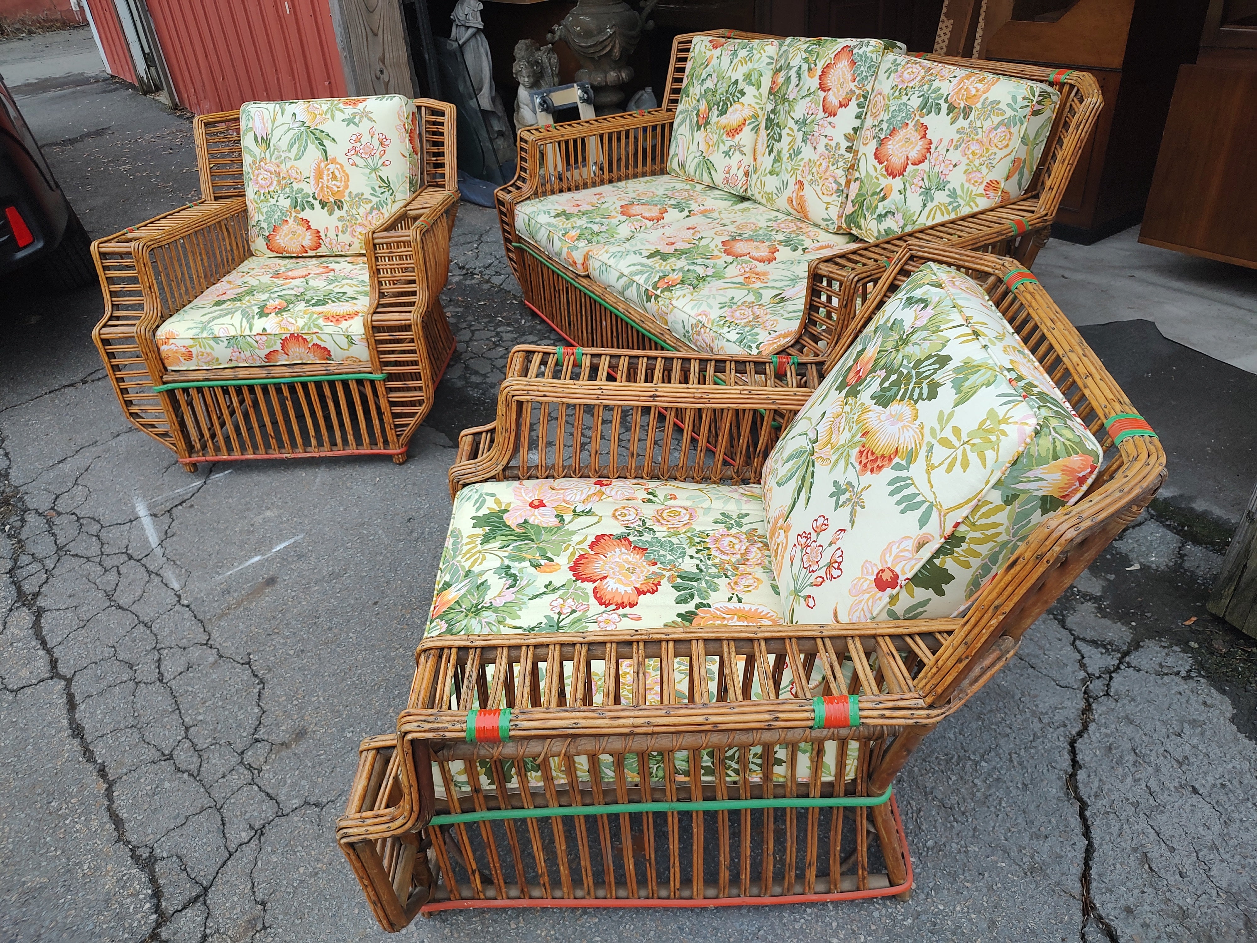 Art Deco 3 pc Suite Split Reed Rattan Sofa with a Pair of Lounge Chairs C1935 For Sale 7