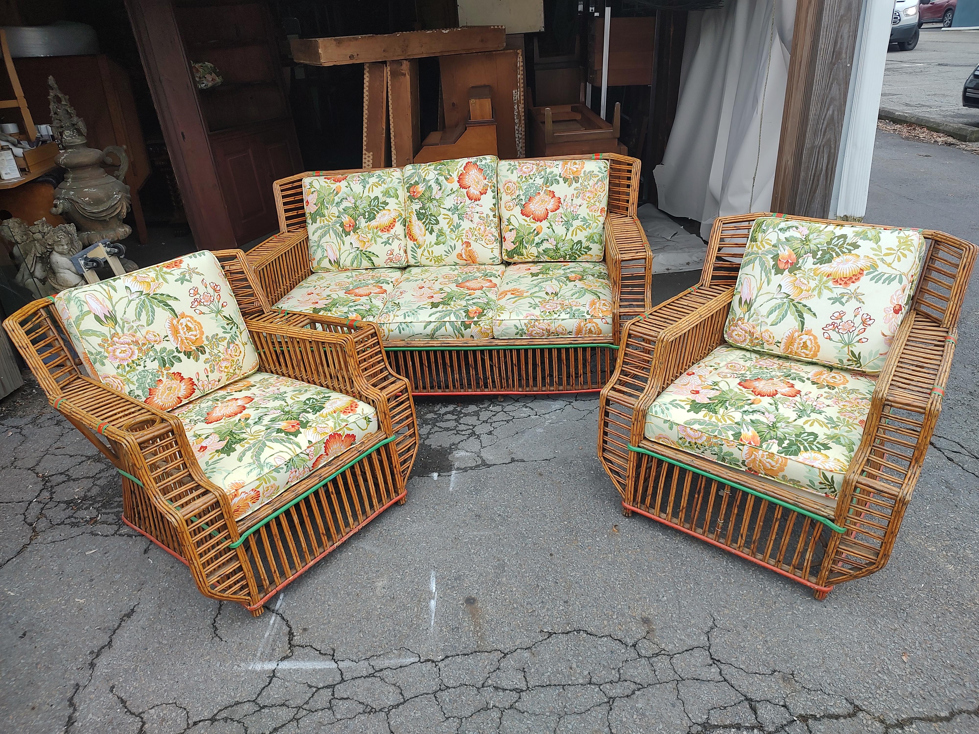 Art Deco 3 pc Suite Split Reed Rattan Sofa with a Pair of Lounge Chairs C1935 For Sale 11