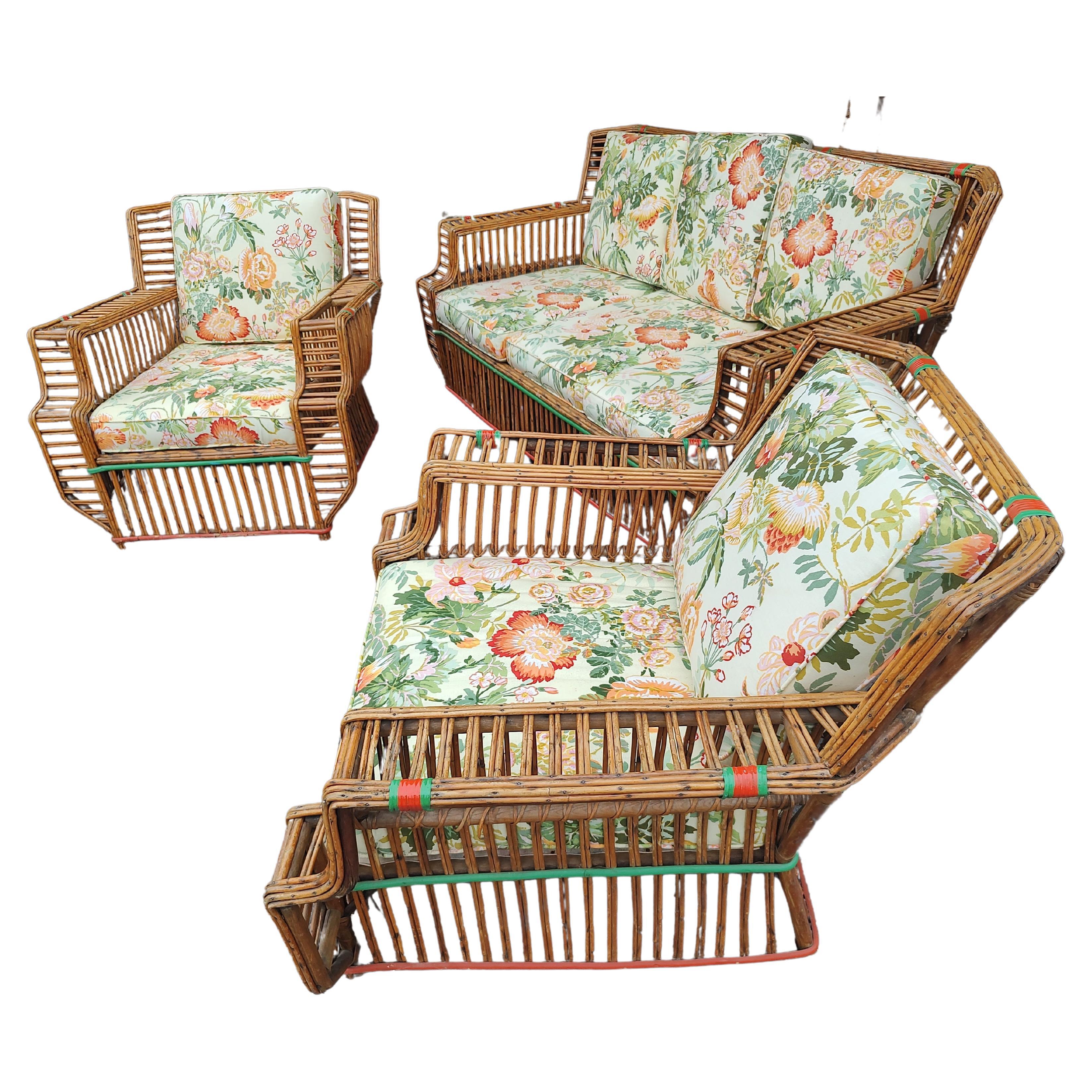 Art Deco 3 pc Suite Split Reed Rattan Sofa with a Pair of Lounge Chairs C1935 For Sale