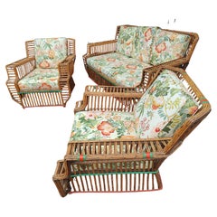 Vintage Art Deco 3 pc Suite Split Reed Rattan Sofa with a Pair of Lounge Chairs C1935