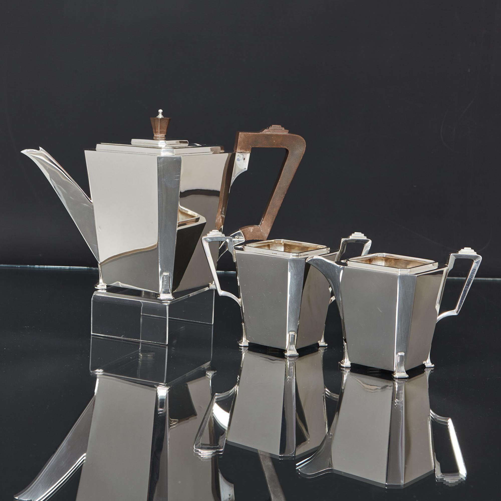 Art Deco 3 Piece Silver Tea Set For Sale 9