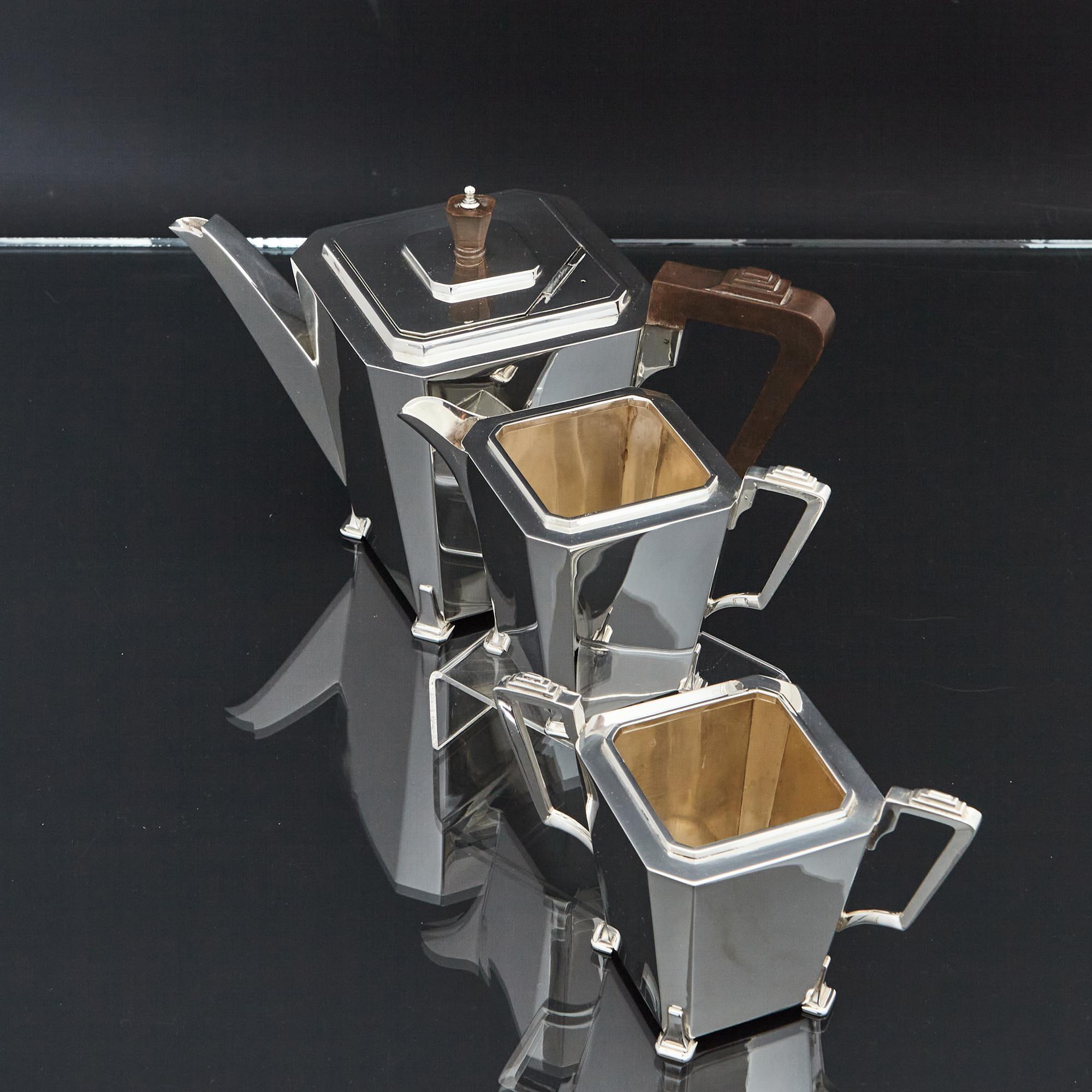 English Art Deco 3 Piece Silver Tea Set