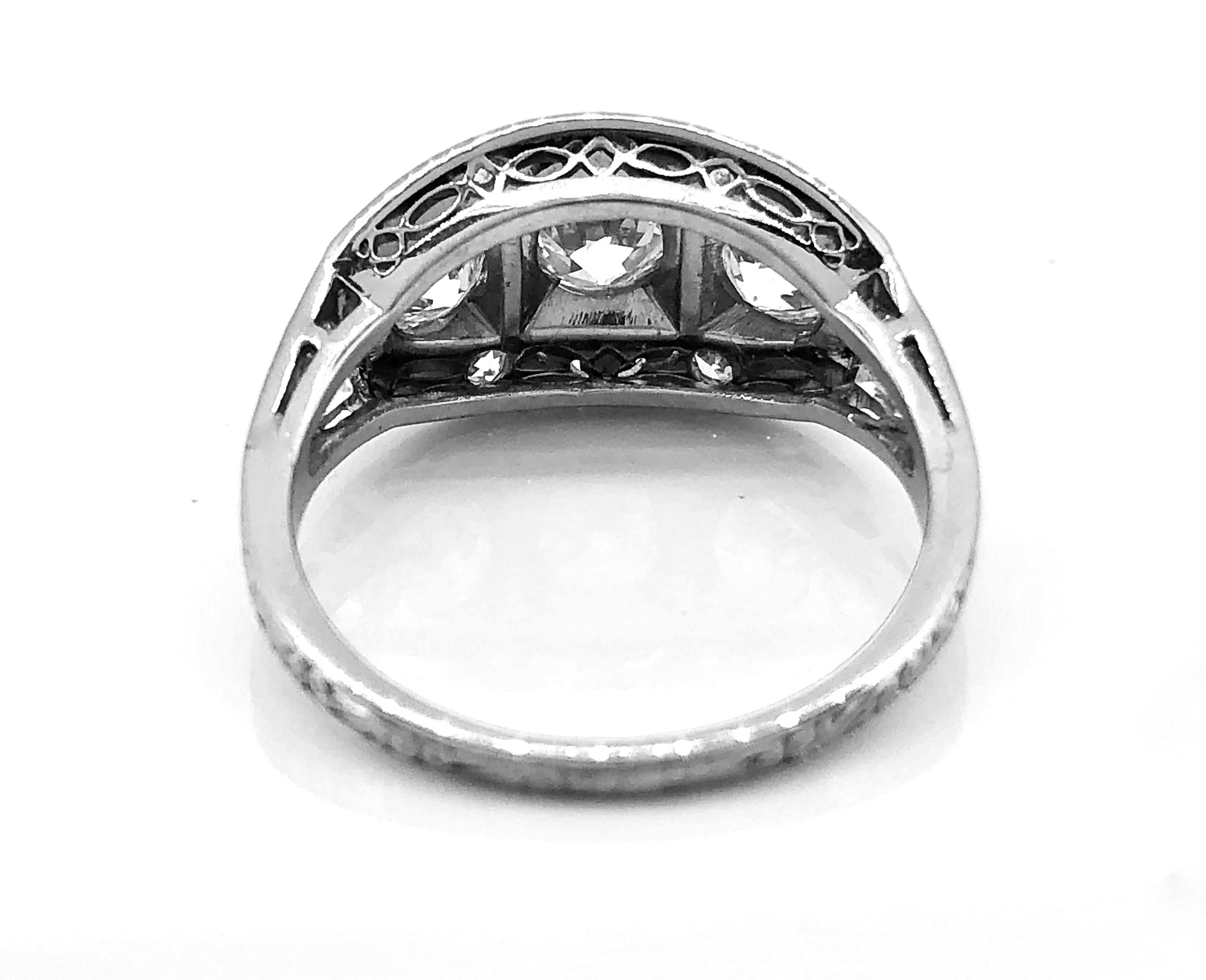 Old European Cut Art Deco 3-Stone Antique Engagement Ring 1.45 Carat T.W. Diamond Platinum
