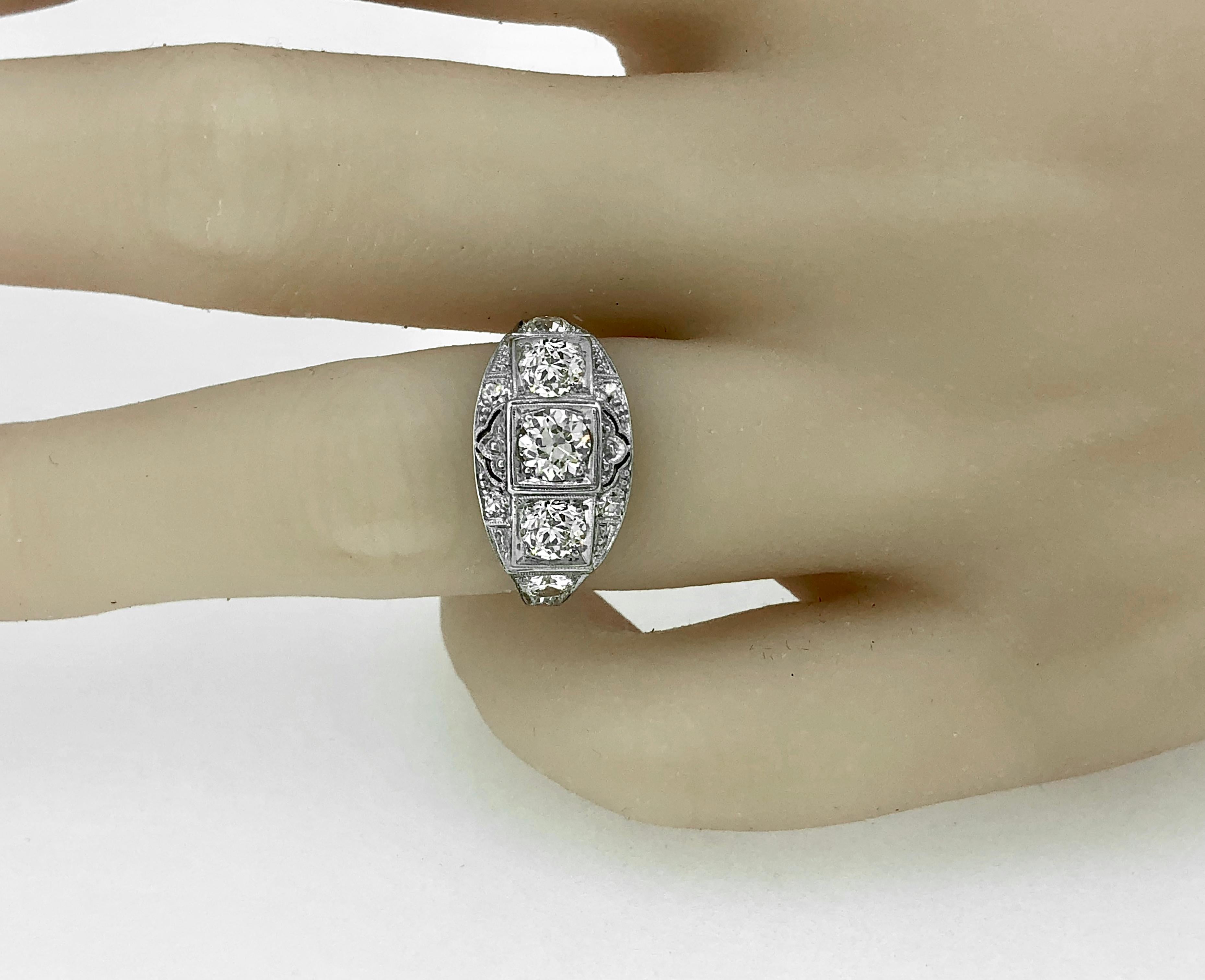 Art Deco 3-Stone Antique Engagement Ring 1.45 Carat T.W. Diamond Platinum In Excellent Condition In Tampa, FL