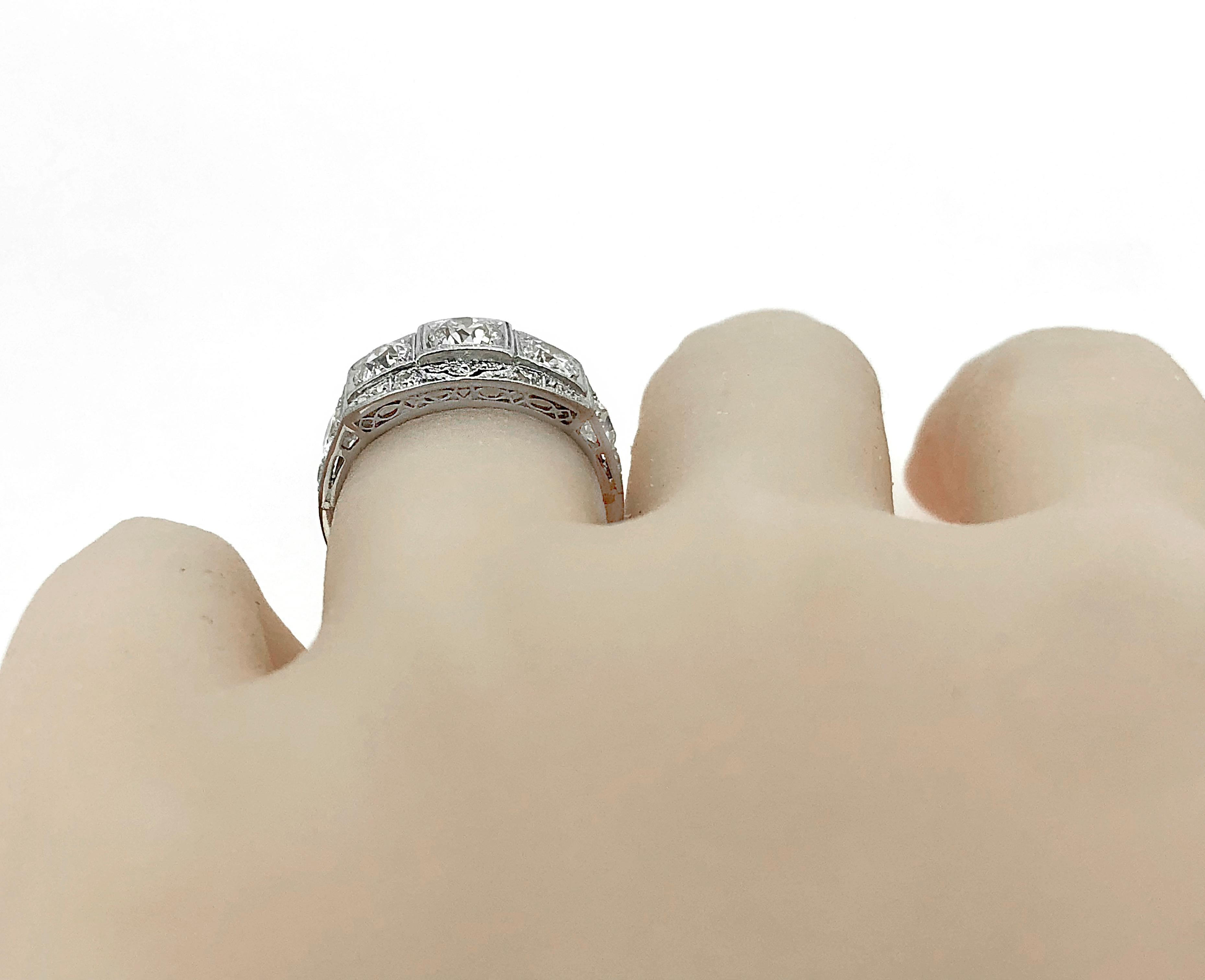 Women's Art Deco 3-Stone Antique Engagement Ring 1.45 Carat T.W. Diamond Platinum