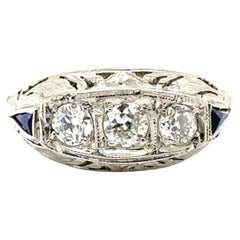 Art Deco 3 Stone Diamond Cocktail Ring French Cut Sapphire .54ct 18K Original 19