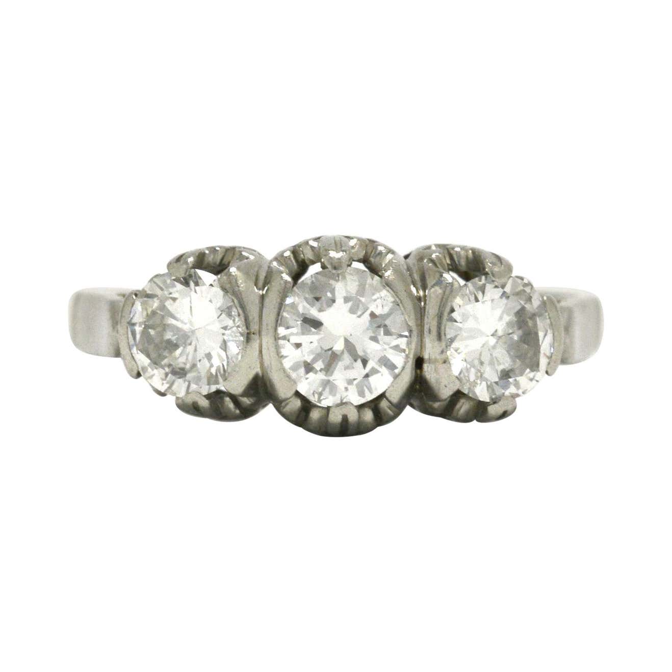 Art Deco 3-Stone Diamond Platinum Engagement Ring Trinity Band Fleur de ...