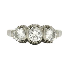 Art Deco 3-Stone Diamond Platinum Engagement Ring Trinity Band Fleur de Lis
