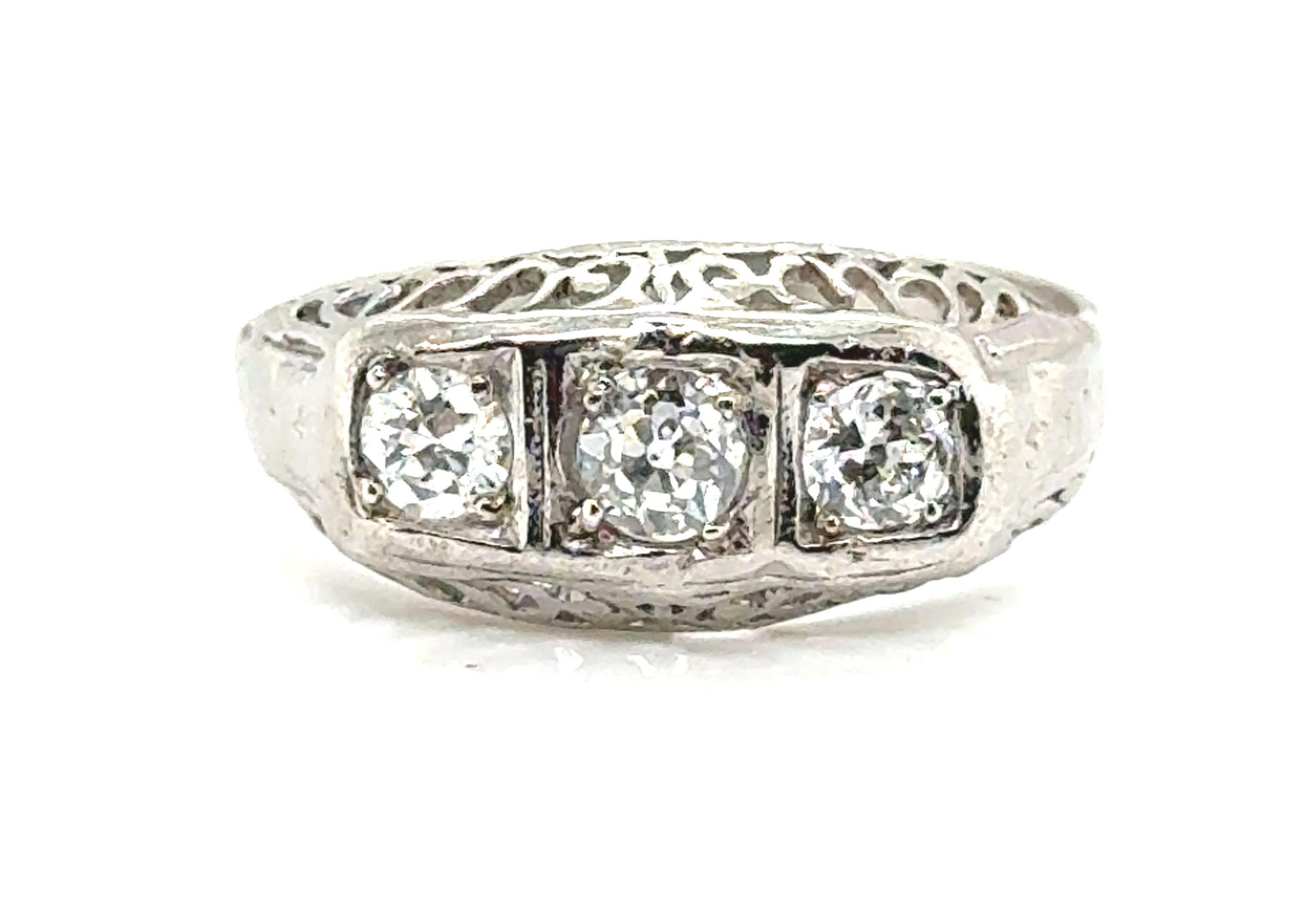 Anello in platino con 3 pietre di diamante Art Deco, 45 carati, originale degli anni '30