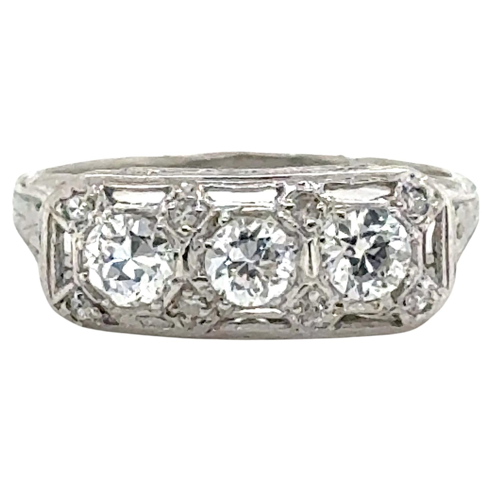 Art Deco 3 Stone Diamond Ring .80ct Antique Platinum Genuine 1920-1930 For Sale