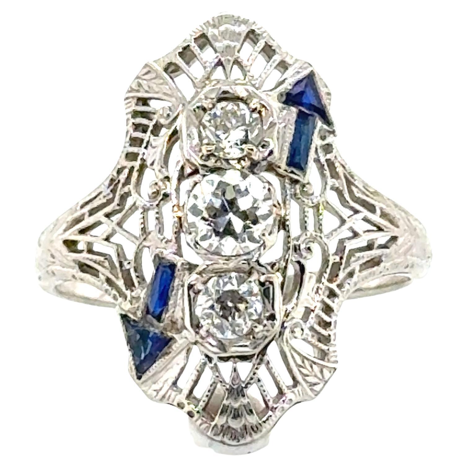 Art Deco 3 Stone Diamond Ring .81ct French Cut Arrow Sapphire 18k Original 1930' For Sale