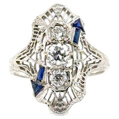 Art Deco 3 Stone Diamond Ring .81ct French Cut Arrow Sapphire 18k Original 1930'