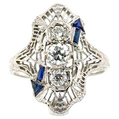Art Deco 3 Stone Diamond Ring .81ct French Cut Arrow Sapphire 18k Original 1930'.