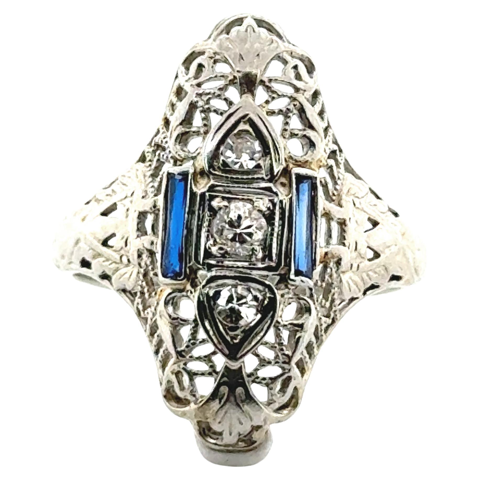 Art Deco 3 Stone Diamond Ring Mined .43ct French Cut Sapphire 18K Original 1920'