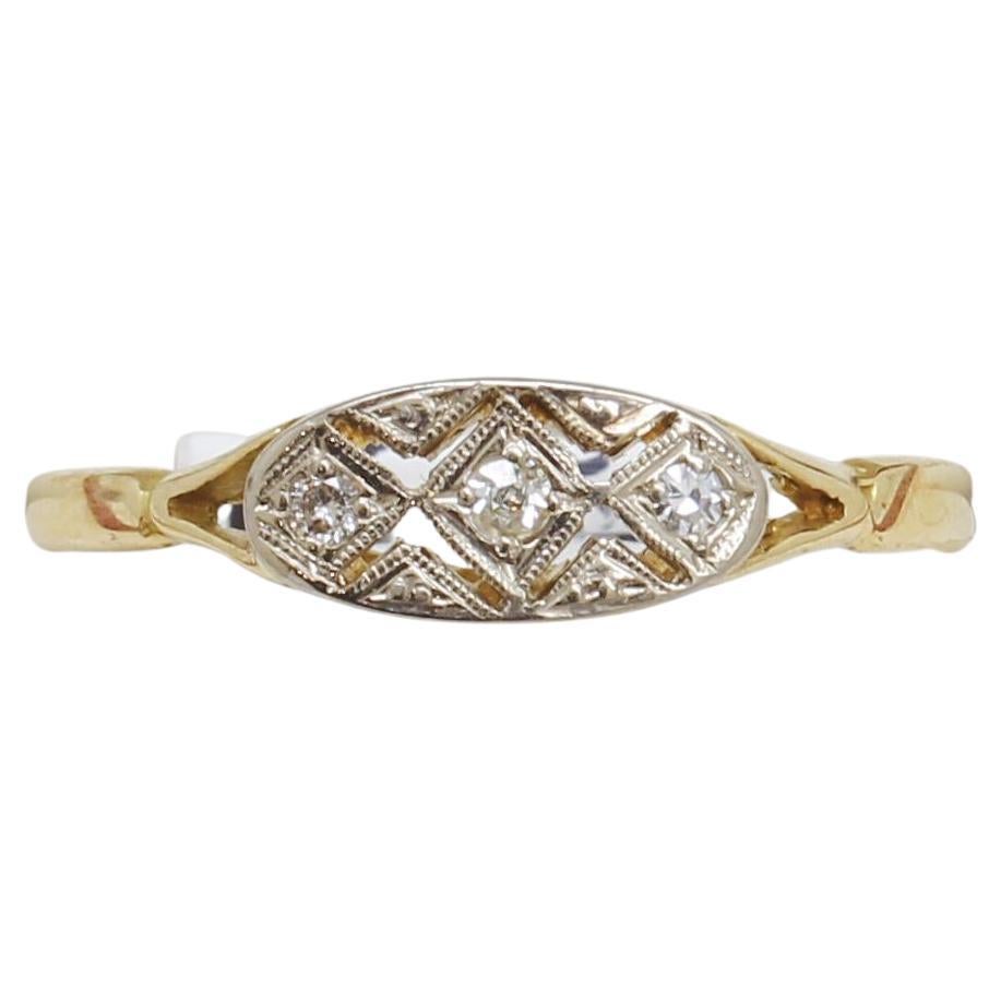 Art Deco 3 Stone Diamond Ring, Two Tone For Sale