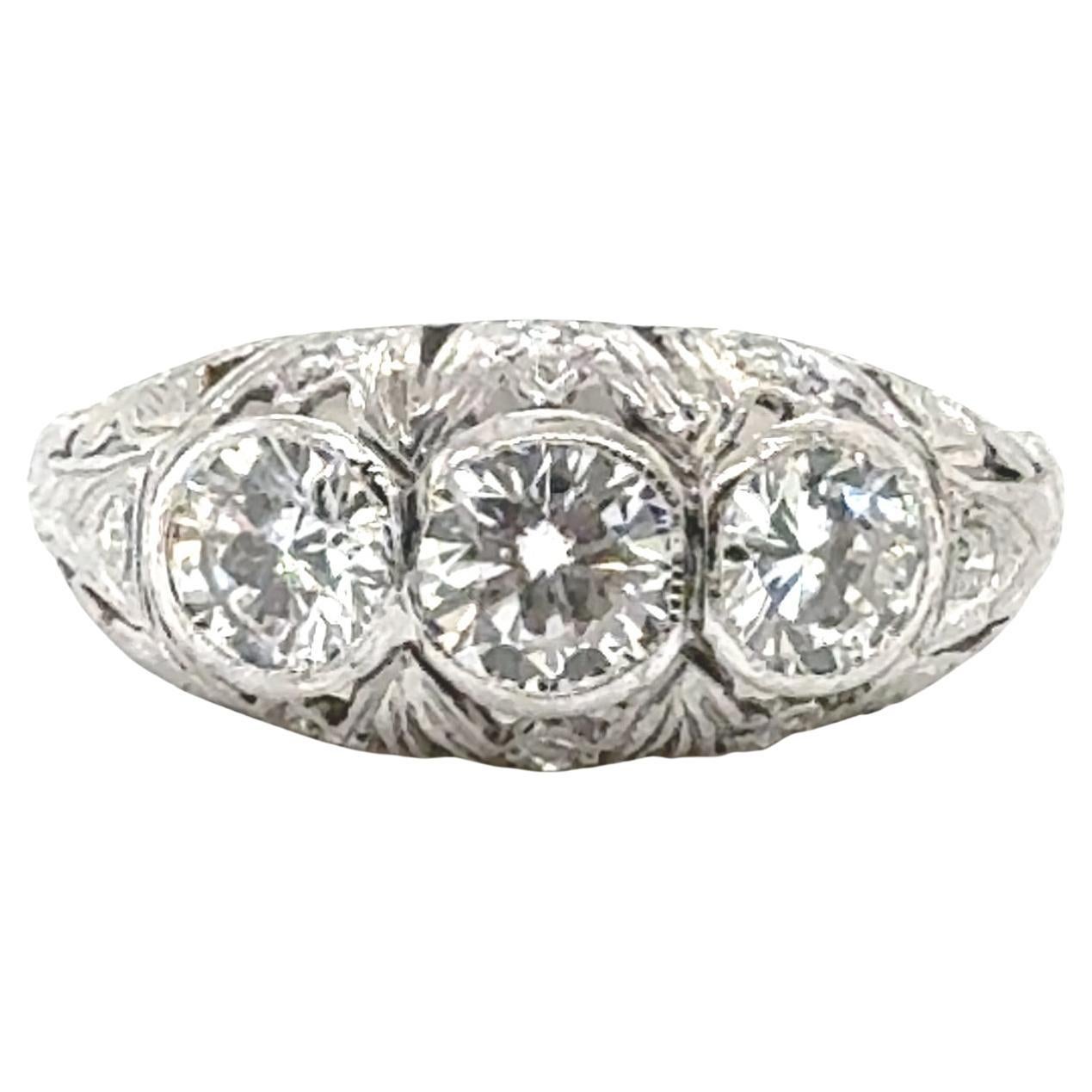 Anillo de diamantes Art Déco con filigrana de 3 piedras y 1,20 ct de platino Original de los años 20