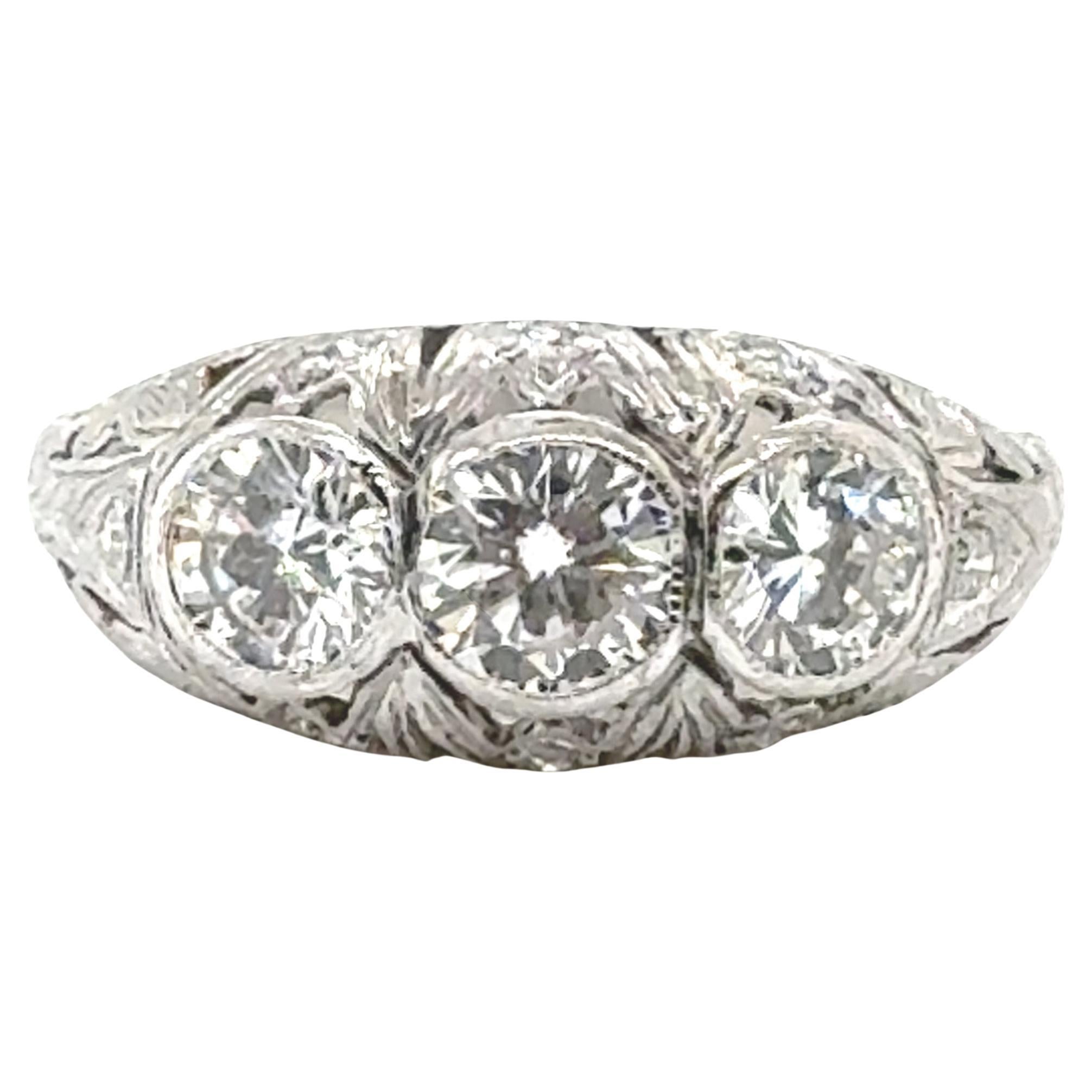 Art Stone 3 Stone Filigree Diamond Ring Mined 1.20ct Platinum Original 1920s