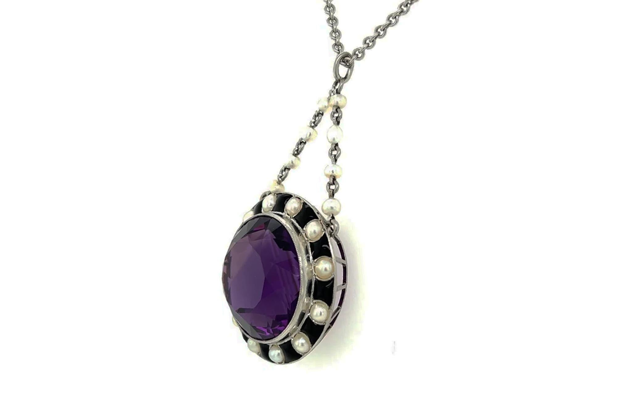 Women's Art Deco 30 Carat Amethyst Onyx and Pearl Necklace For Sale