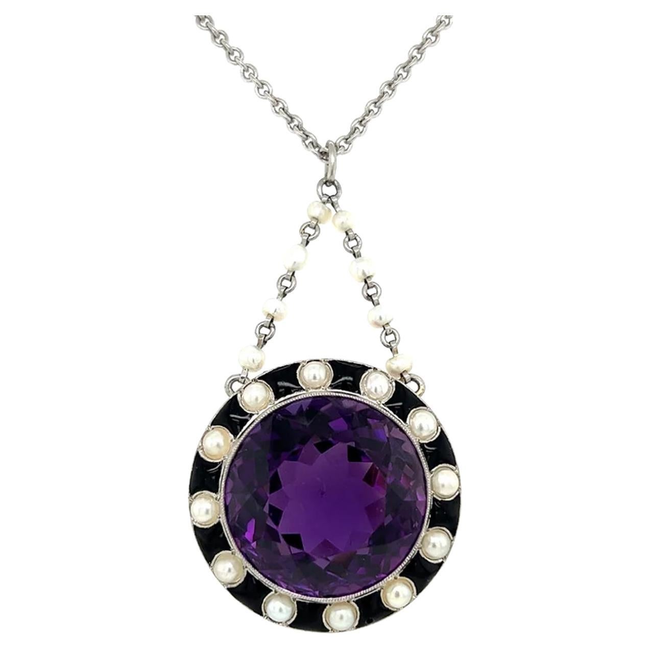Art Deco 30 Carat Amethyst Onyx and Pearl Necklace For Sale
