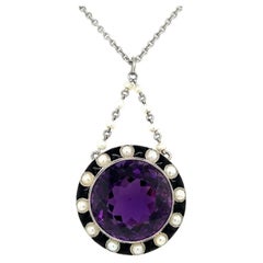 Used Art Deco 30 Carat Amethyst Onyx and Pearl Necklace