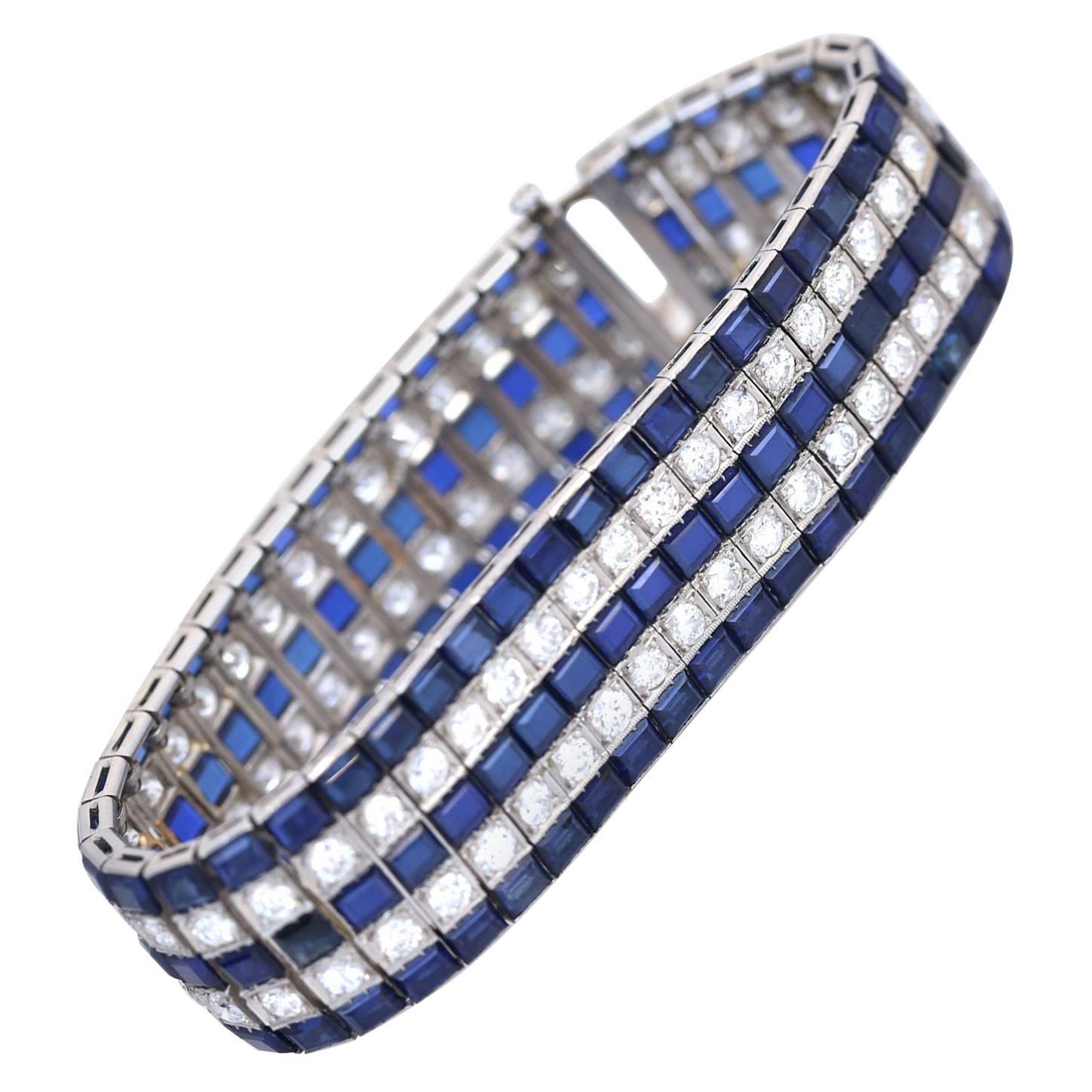 Art Deco 30 Carat Sapphires 10 Carat Diamonds Platinum Tennis Bracelet, 1920