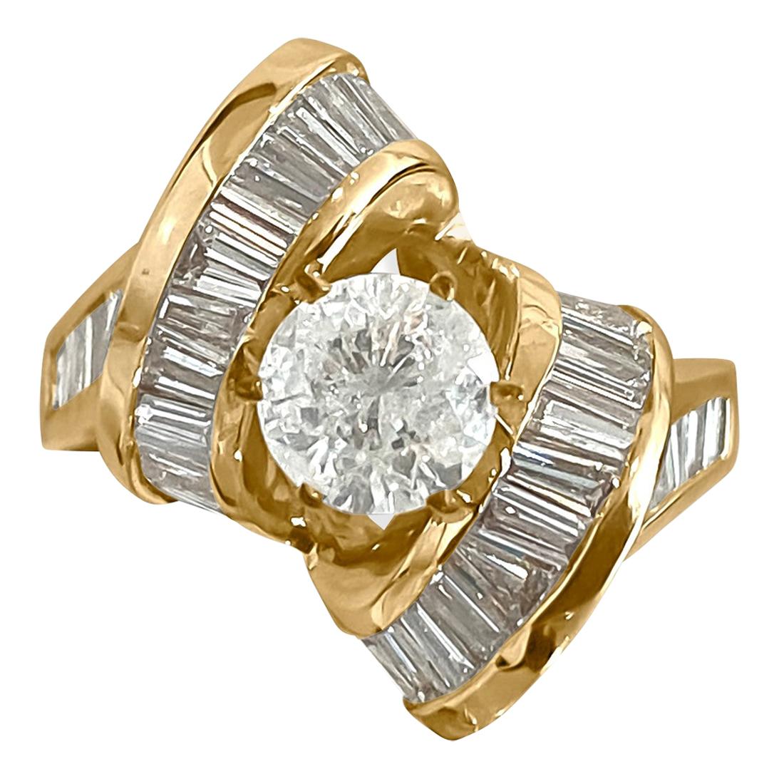 Art Deco Style 3.00 Carat Diamond Engagement Ring 14 Karat Yellow Gold For Sale