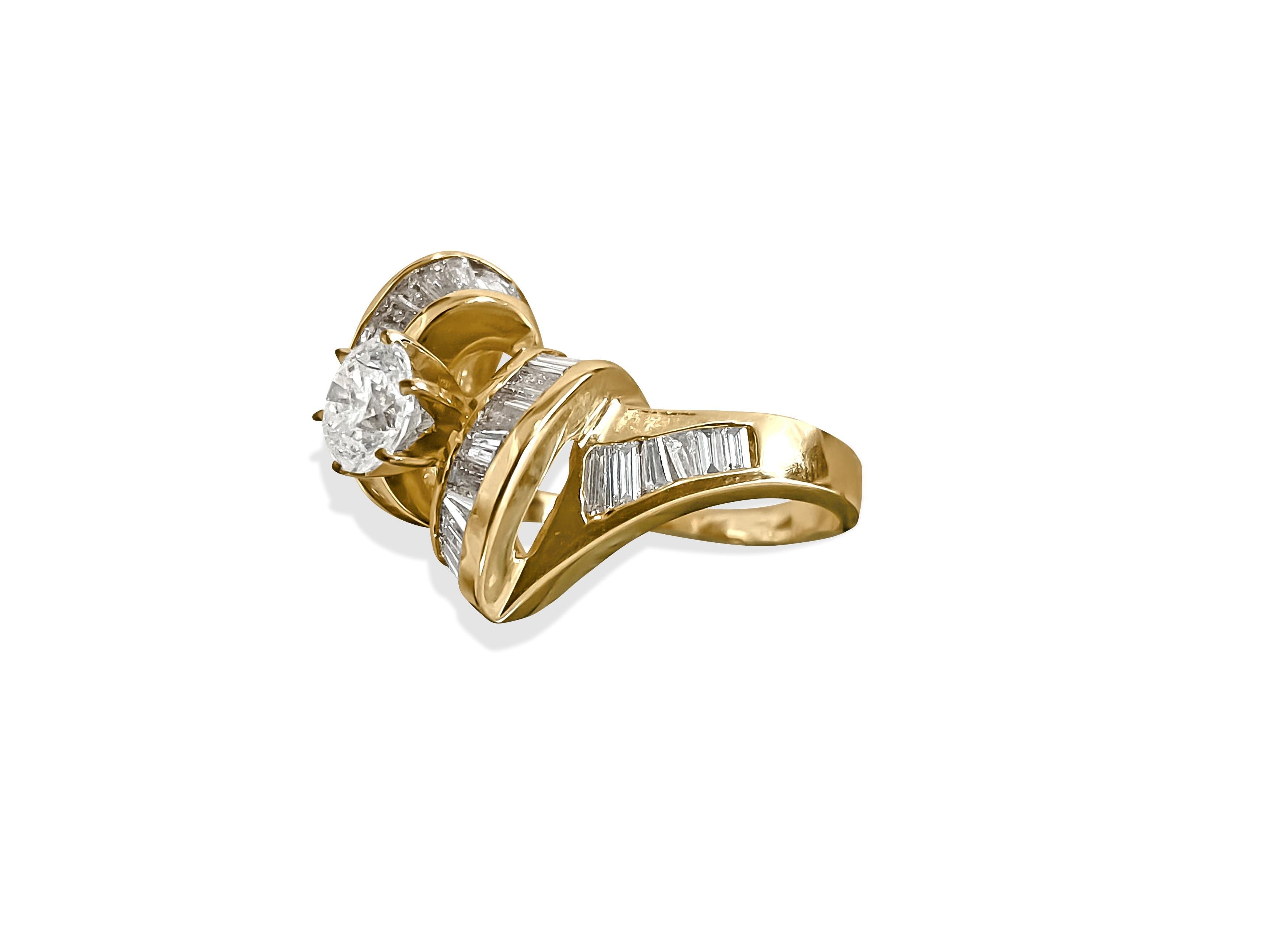This vintage-style art deco ring features a stunning combination of diamonds set in 14K yellow gold. The centerpiece is a dazzling 1.00 carat round brilliant cut diamond with G color and I2-I3 clarity, complemented by 2.00 carats of baguette-cut