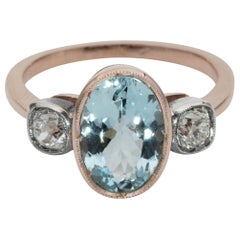 Vintage Art Deco 3.00 Carat Natural Aquamarine .50 Carat Old Mine Diamond Trilogy Ring