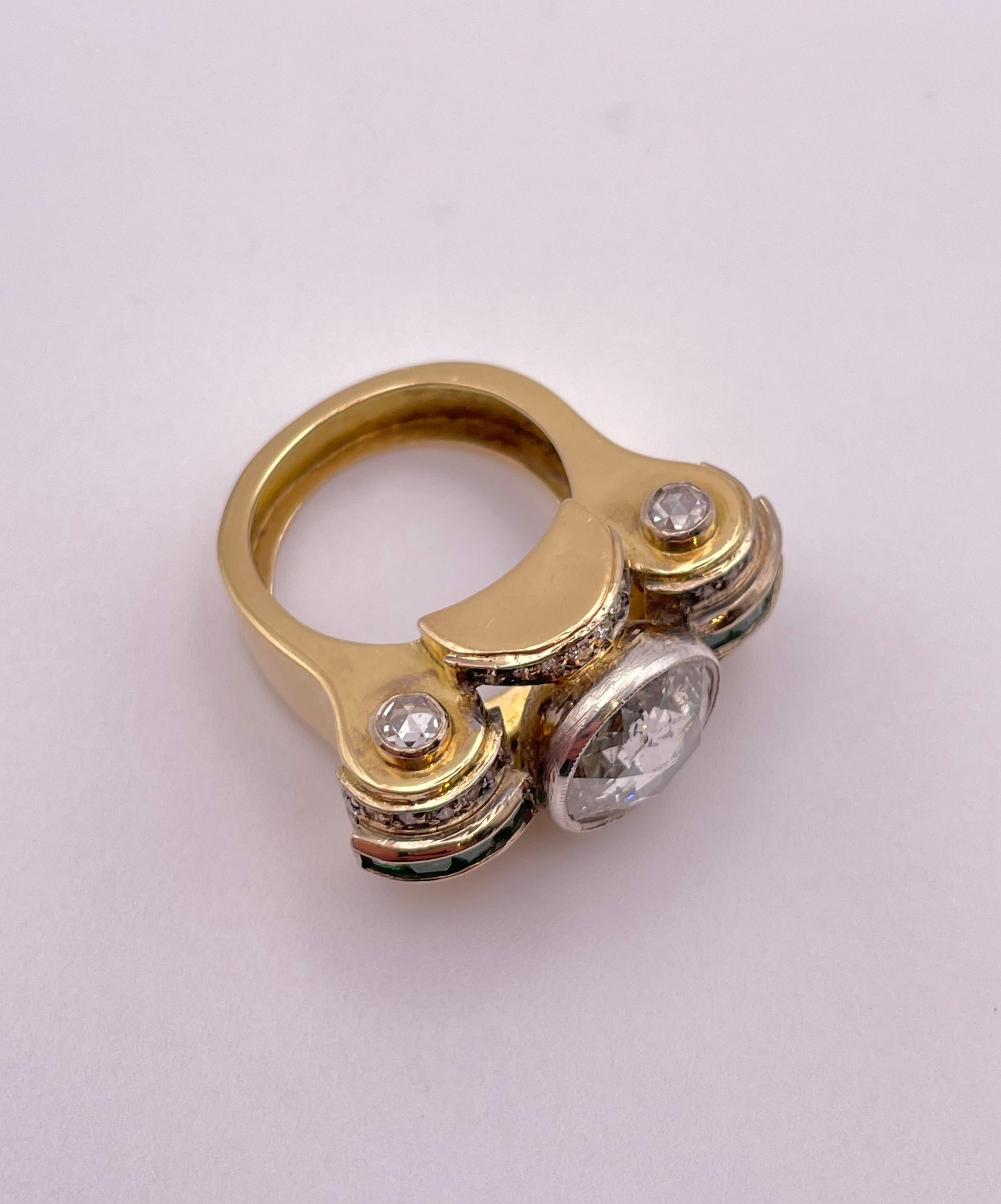 Art Deco Retro 3.00 Carat Rose Cut Diamond and Emerald Ring For Sale
