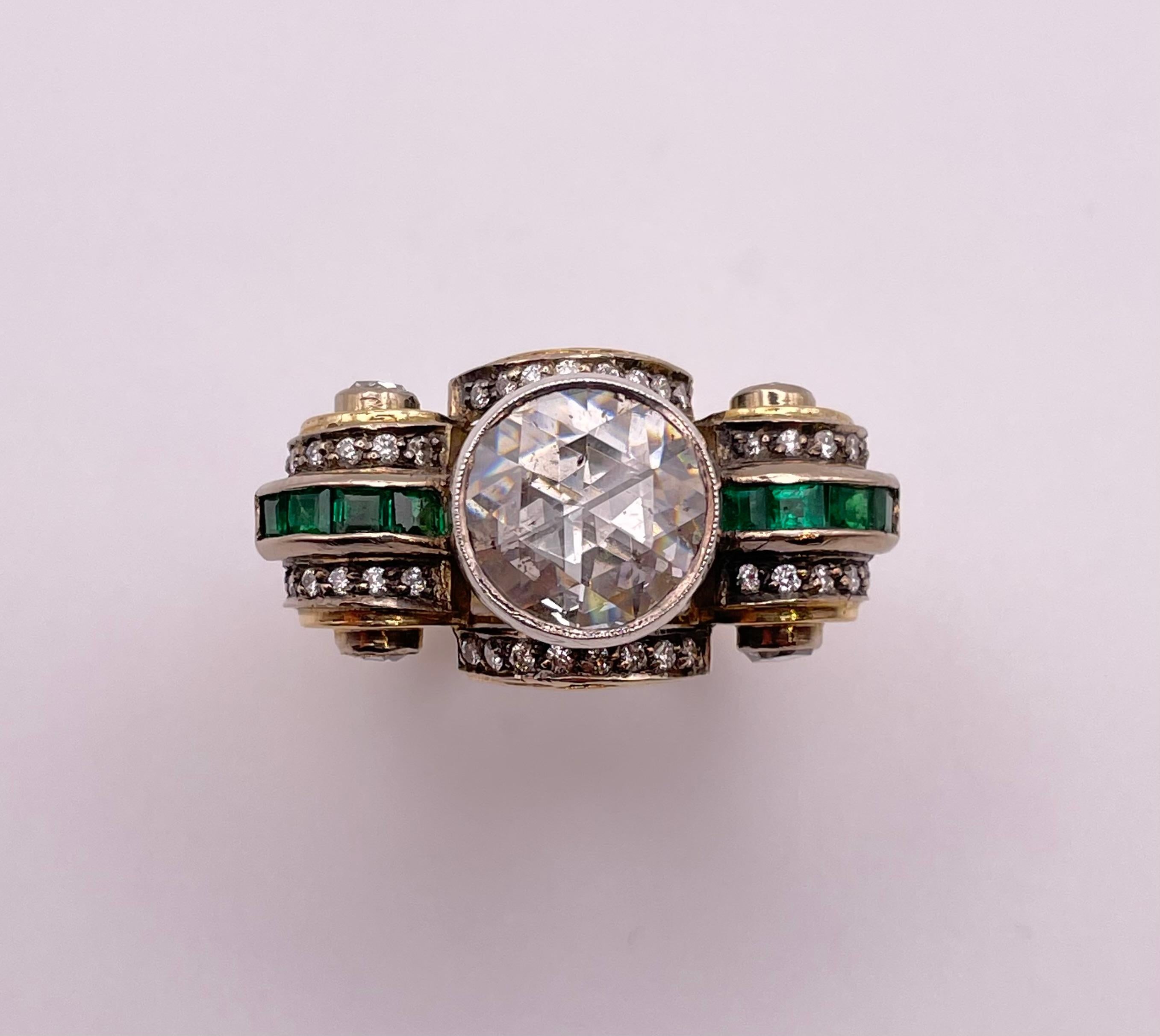 Retro 3.00 Carat Rose Cut Diamond and Emerald Ring In Excellent Condition For Sale In Firenze, FI