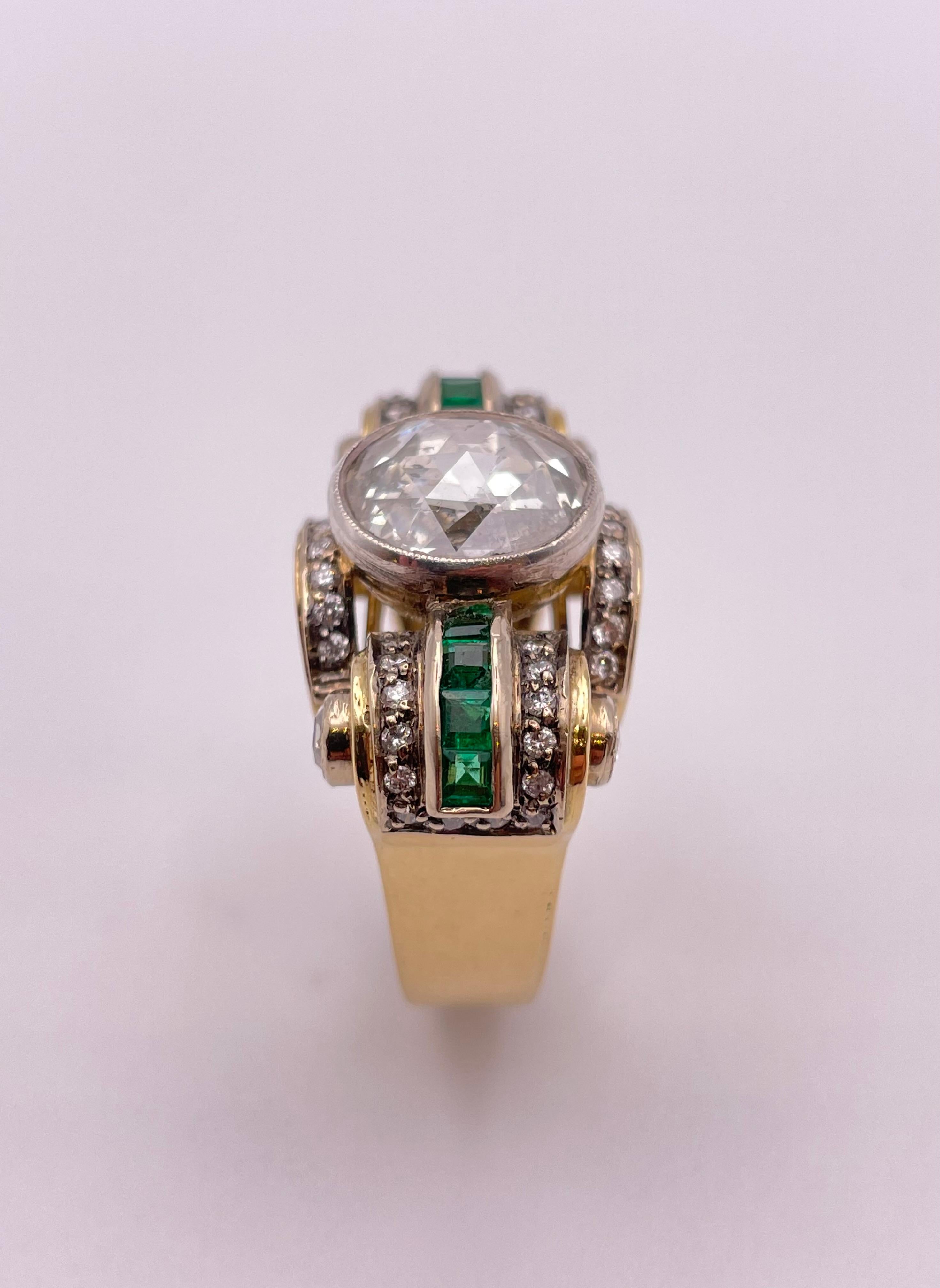 Women's or Men's Retro 3.00 Carat Rose Cut Diamond and Emerald Ring For Sale