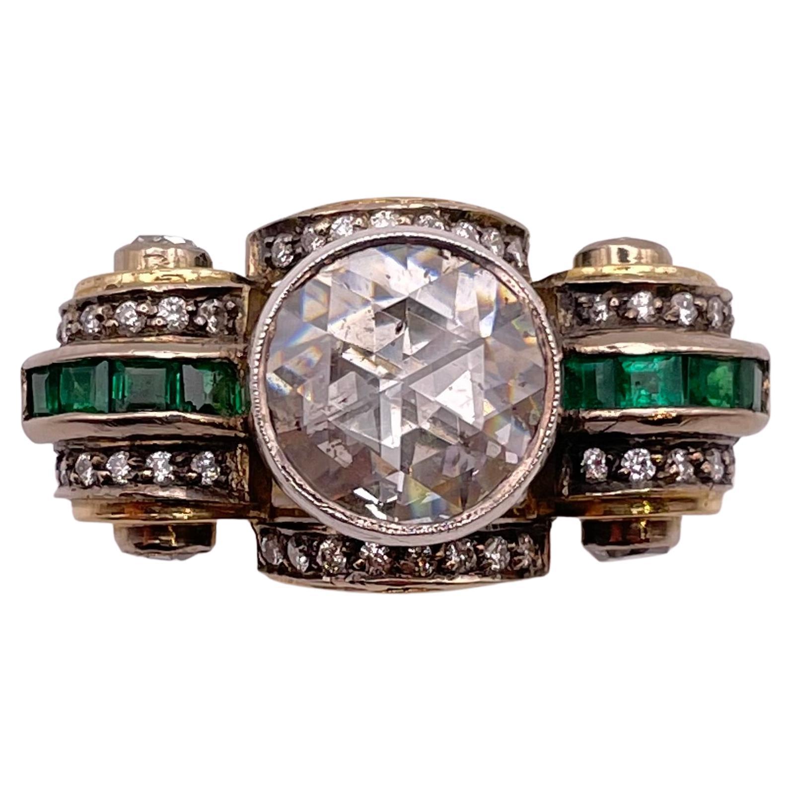 Retro-Ring mit 3,00 Karat Diamant im Rosenschliff und Smaragd im Angebot