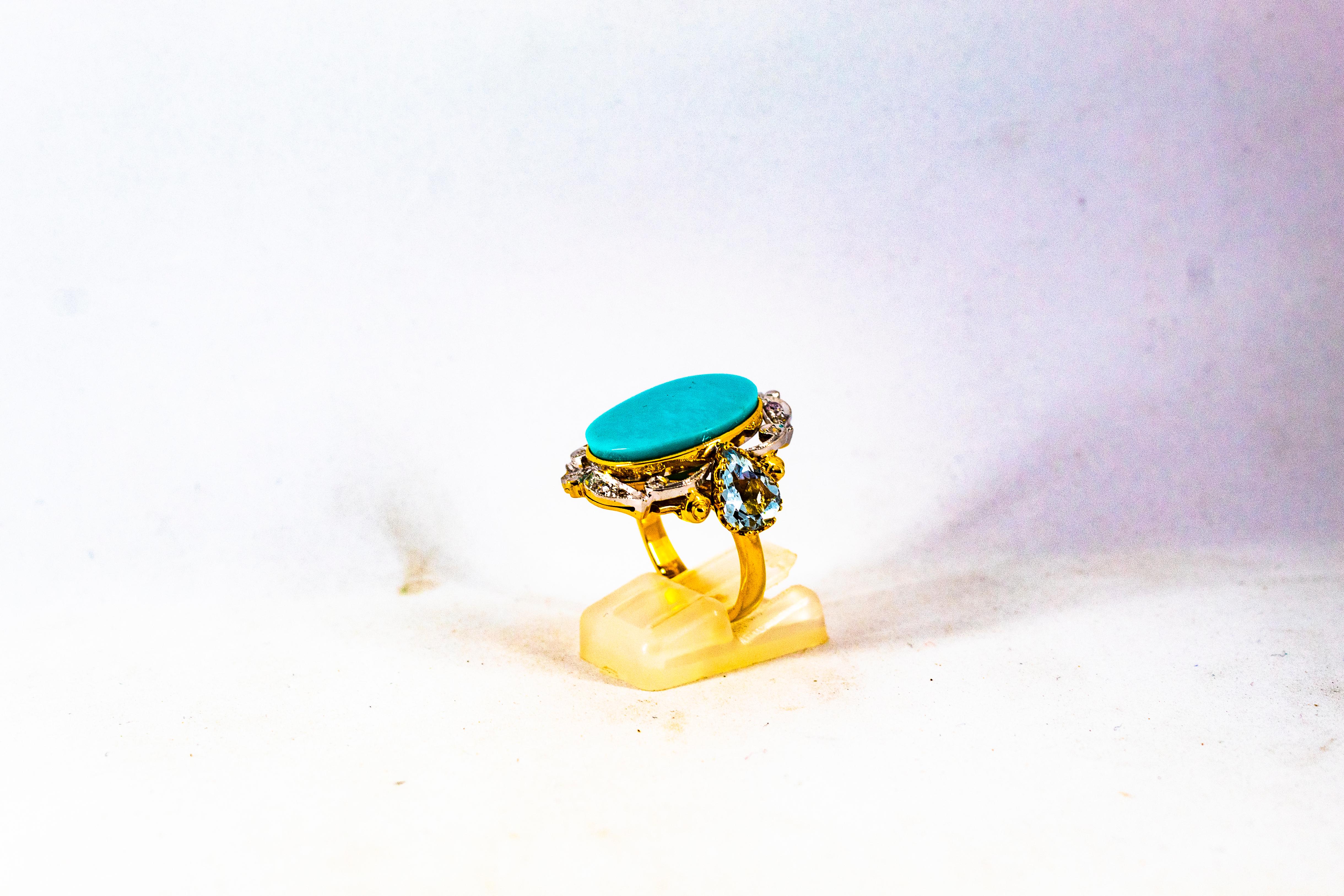 Brilliant Cut Art Deco Style 3.00 Carat Diamond Aquamarine Turquoise Yellow Gold Cocktail Ring For Sale