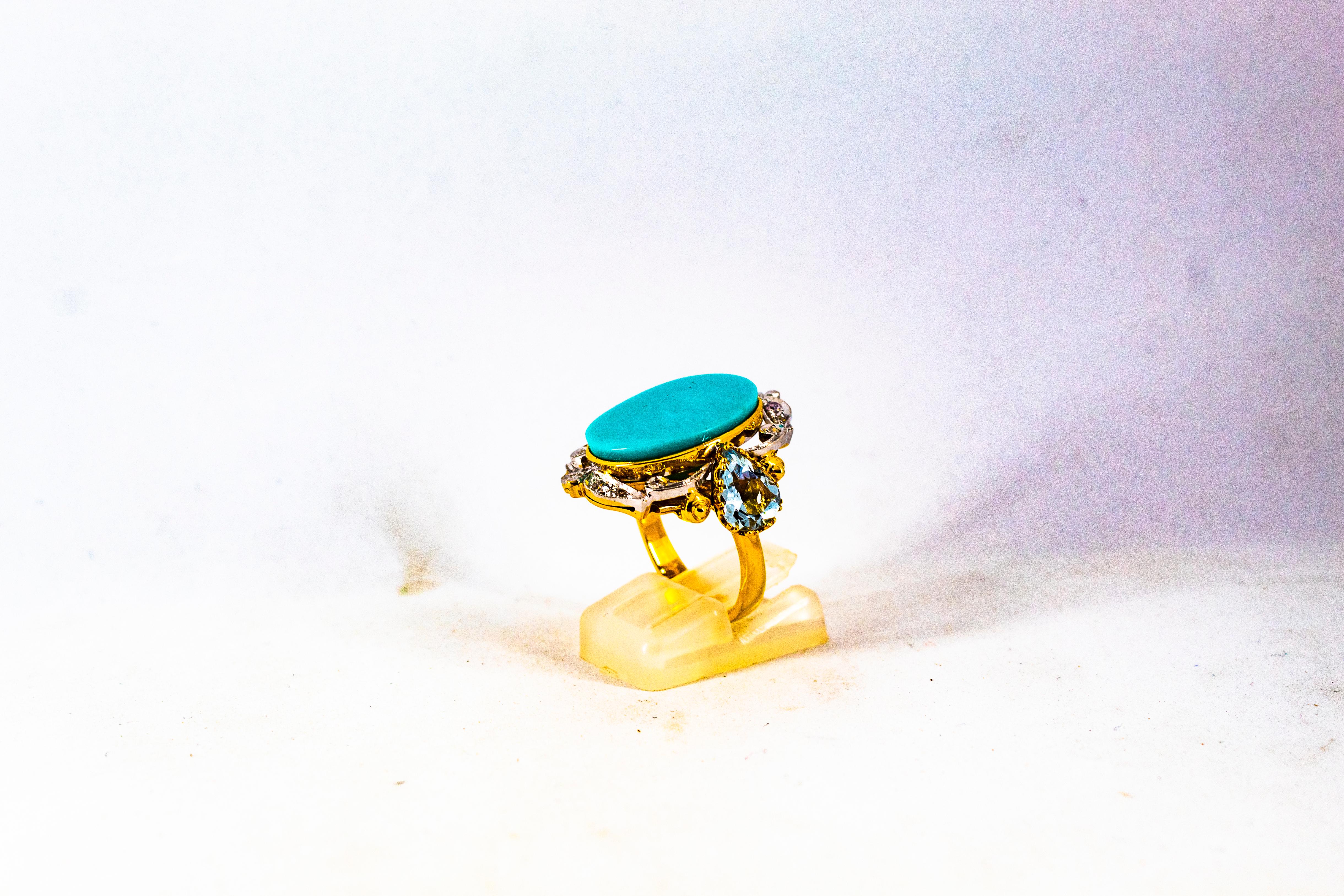 Brilliant Cut Art Deco Style 3.00 Carat Diamond Aquamarine Turquoise Yellow Gold Cocktail Ring