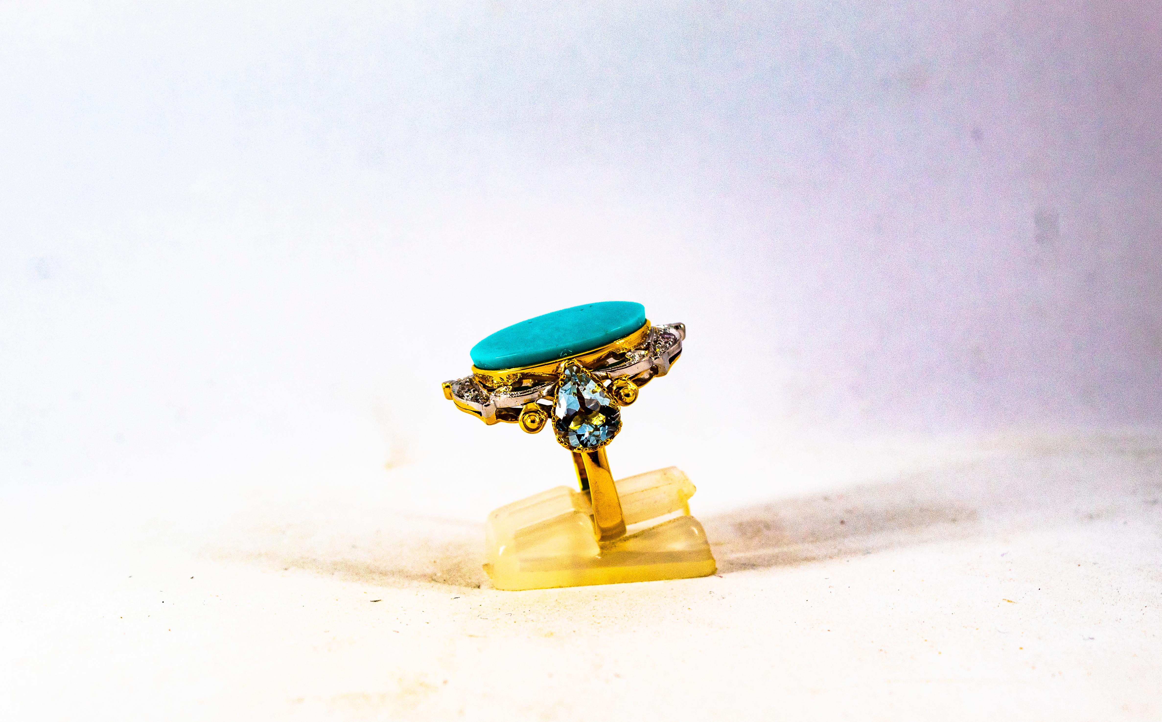 Art Deco Style 3.00 Carat Diamond Aquamarine Turquoise Yellow Gold Cocktail Ring In New Condition For Sale In Naples, IT