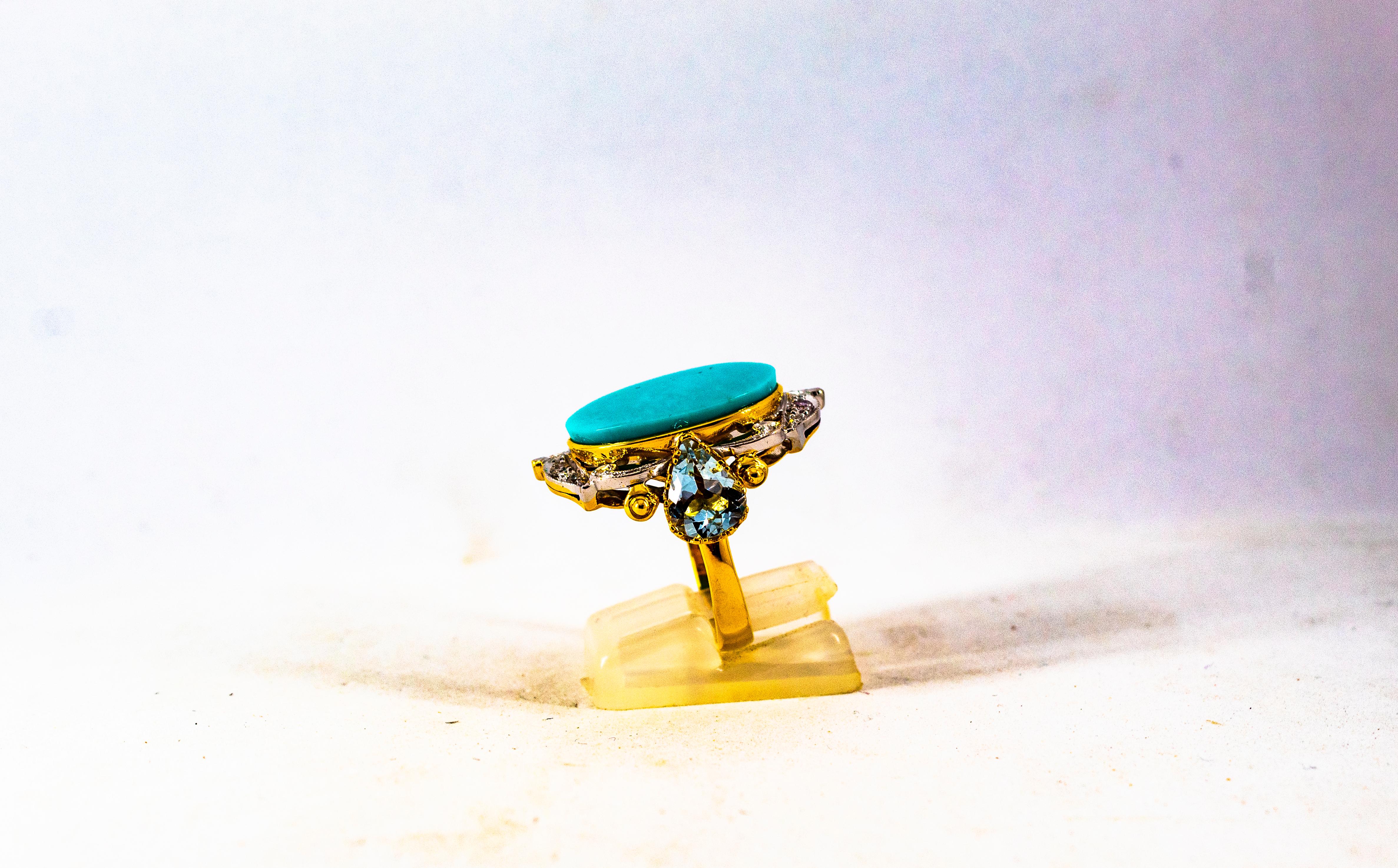 Art Deco Style 3.00 Carat Diamond Aquamarine Turquoise Yellow Gold Cocktail Ring In New Condition In Naples, IT