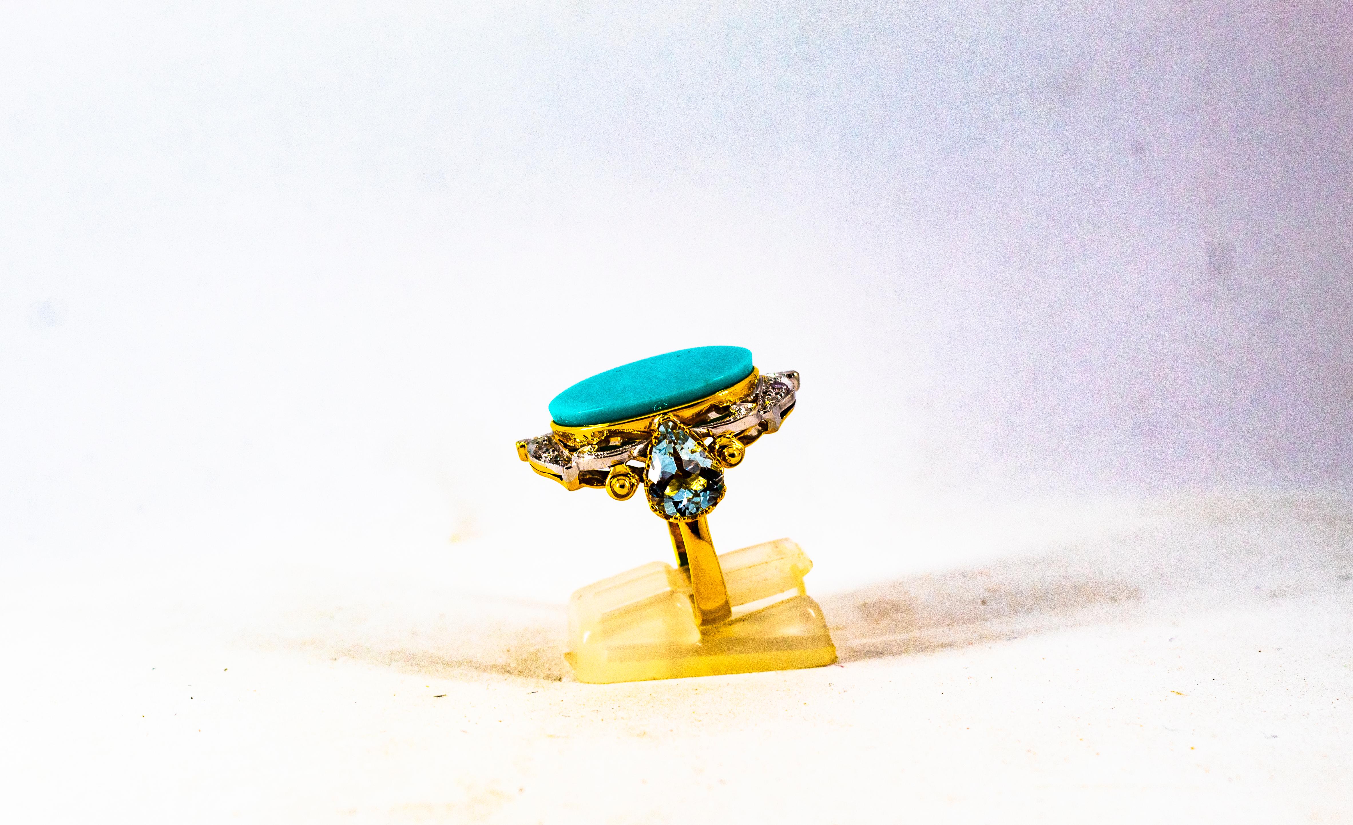 Women's or Men's Art Deco Style 3.00 Carat Diamond Aquamarine Turquoise Yellow Gold Cocktail Ring For Sale