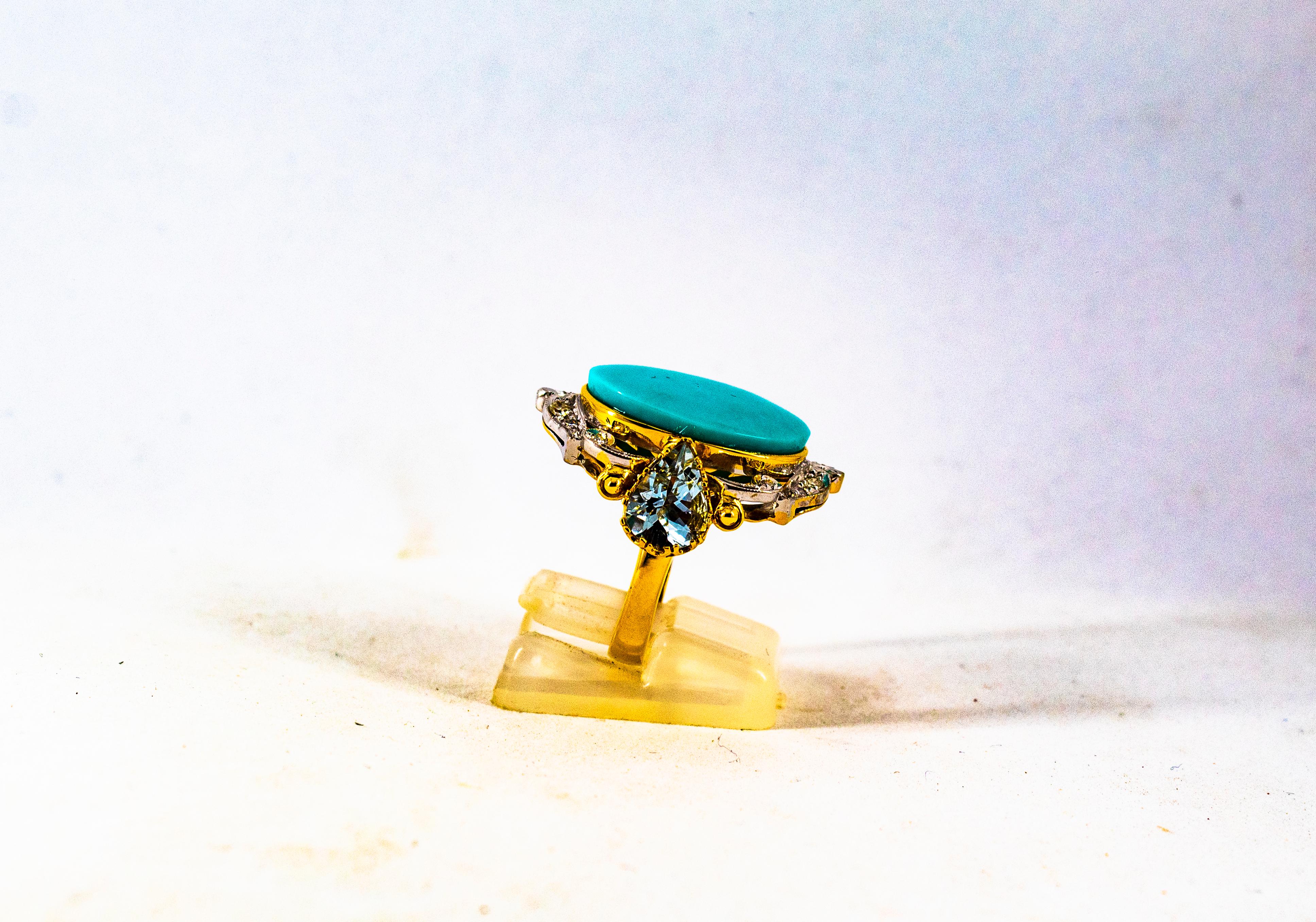 Art Deco Style 3.00 Carat Diamond Aquamarine Turquoise Yellow Gold Cocktail Ring For Sale 2