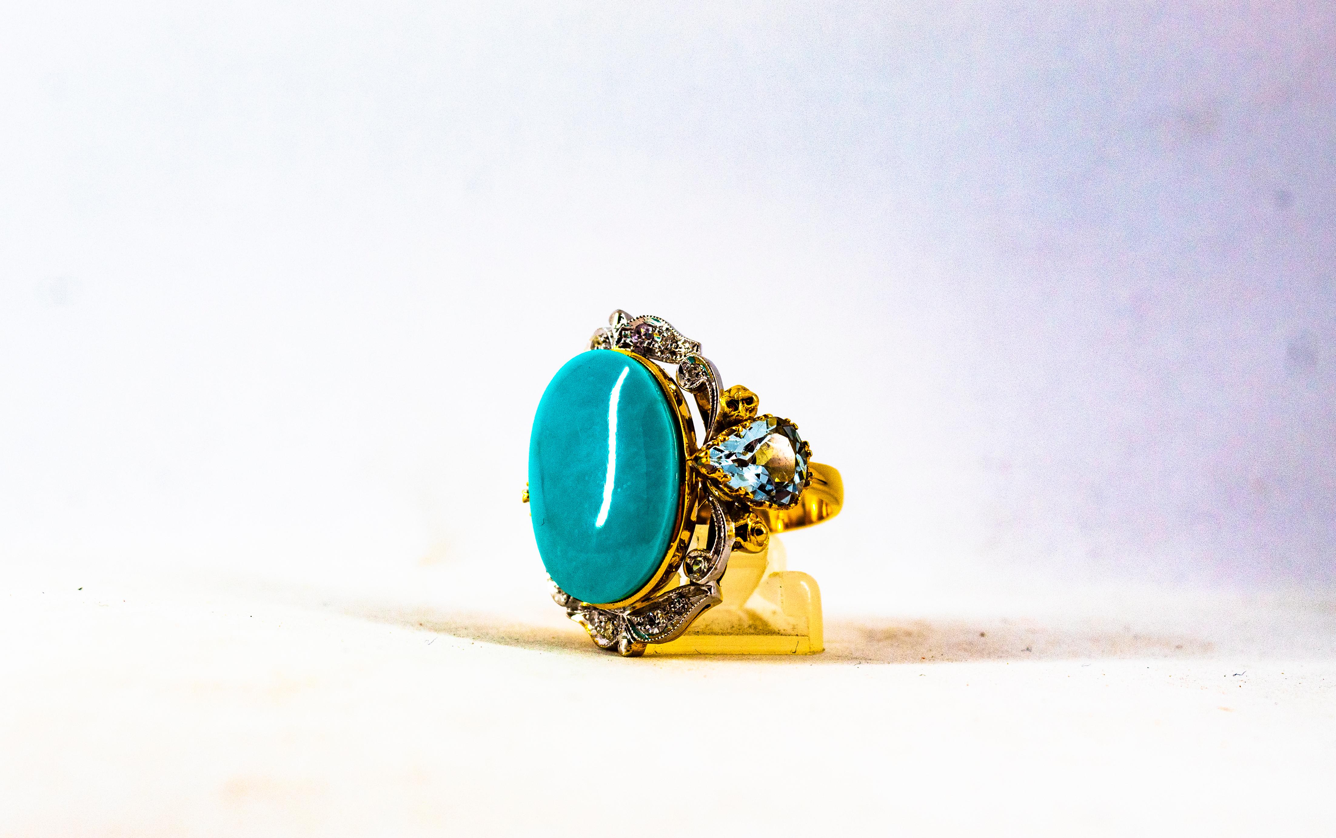 Art Deco Style 3.00 Carat Diamond Aquamarine Turquoise Yellow Gold Cocktail Ring 4