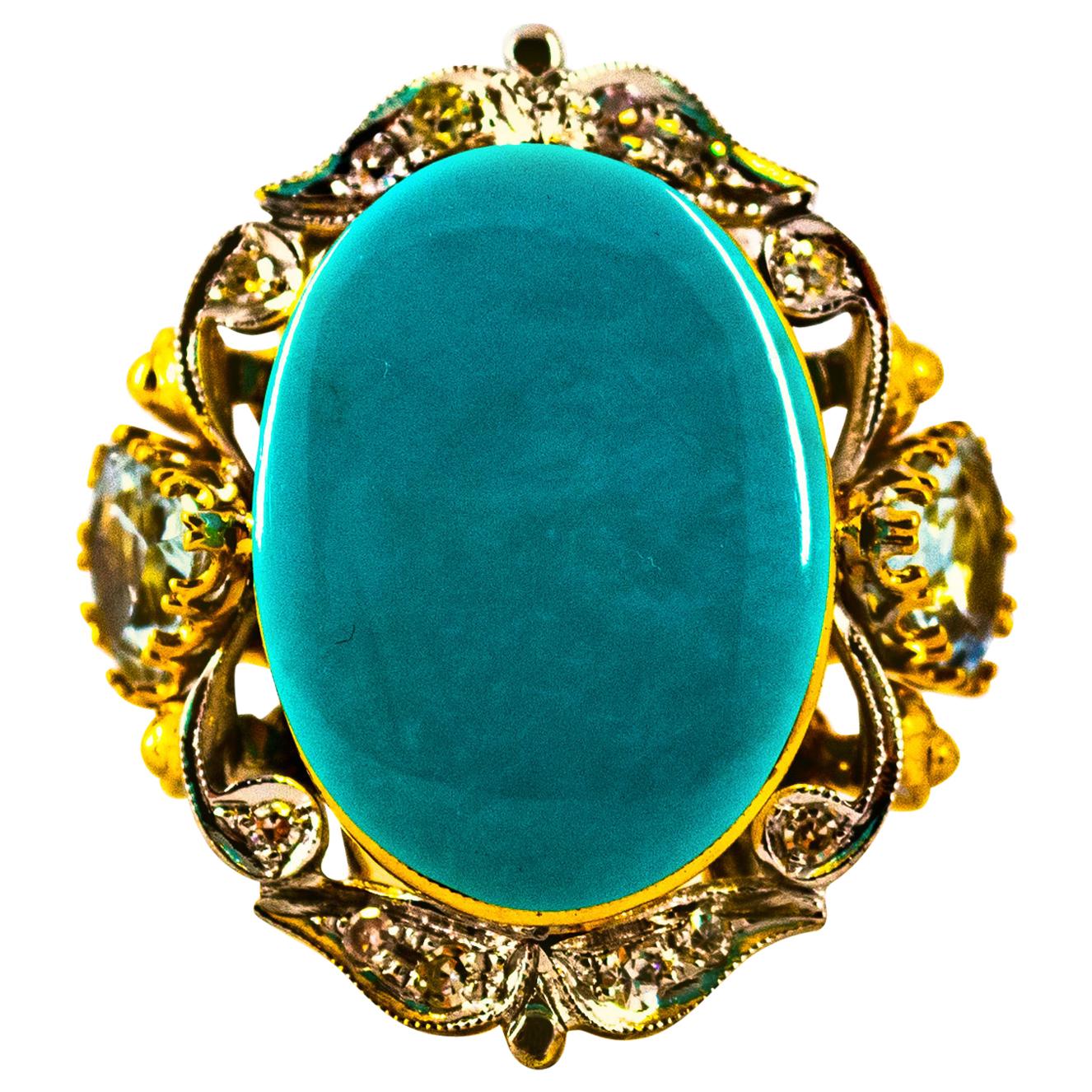 Art Deco Style 3.00 Carat Diamond Aquamarine Turquoise Yellow Gold Cocktail Ring
