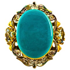 Bague cocktail en or jaune de style Art déco avec diamants de 3,00 carats, aigue-marine et turquoise