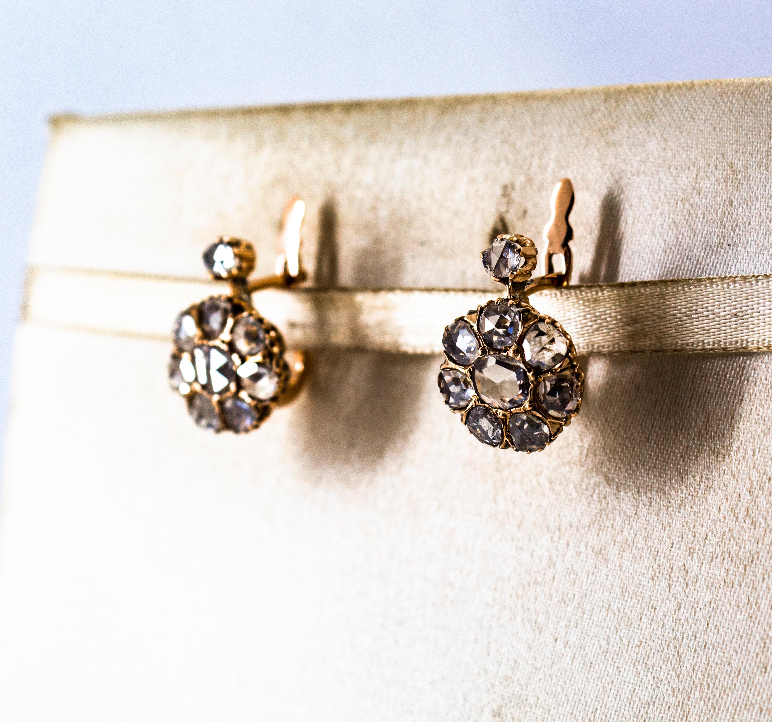 Women's or Men's Art Deco Style 3.00 Carat White Rose Cut Diamond Yellow Gold Dangle Earrings For Sale
