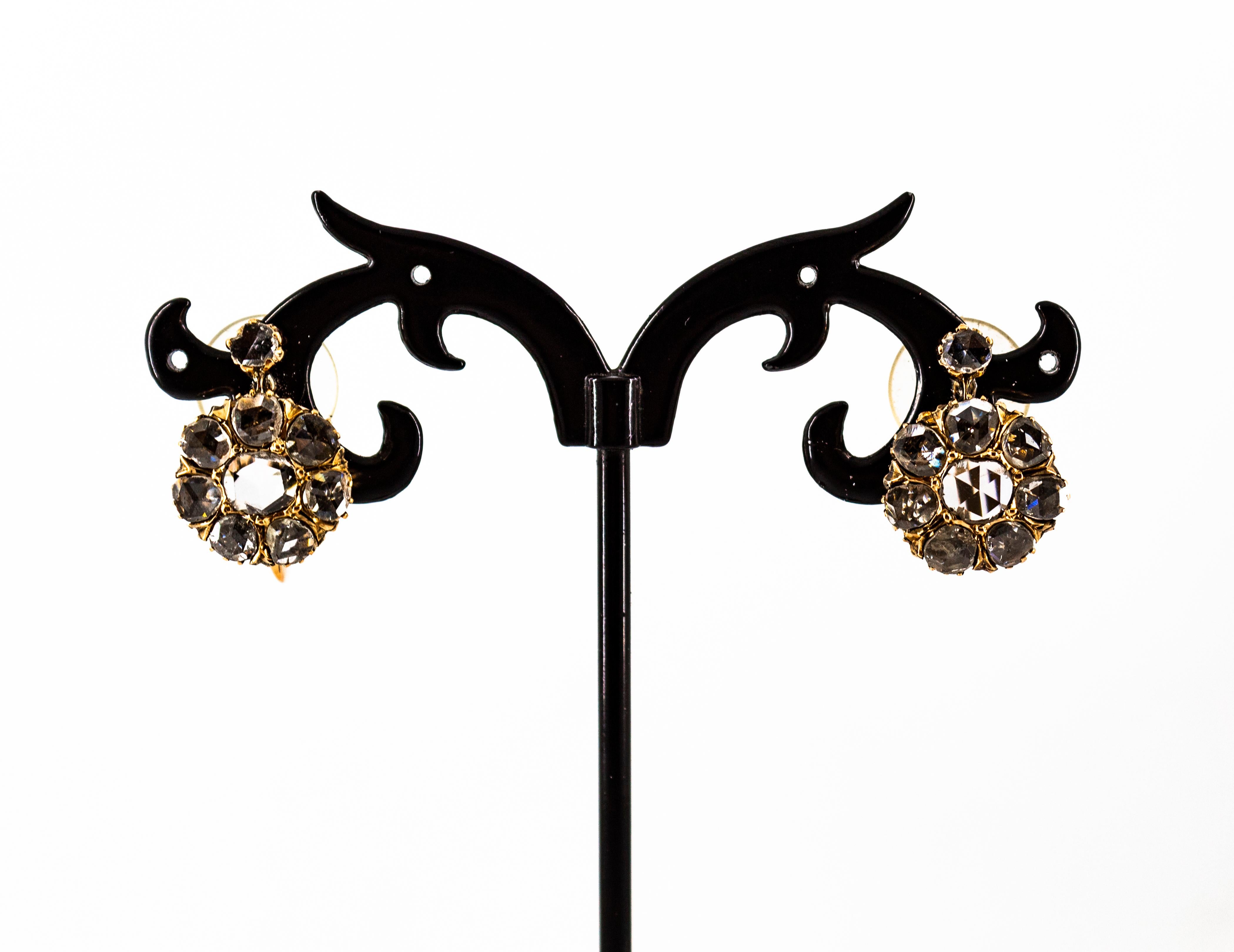Art Deco Style 3.00 Carat White Rose Cut Diamond Yellow Gold Dangle Earrings For Sale 1