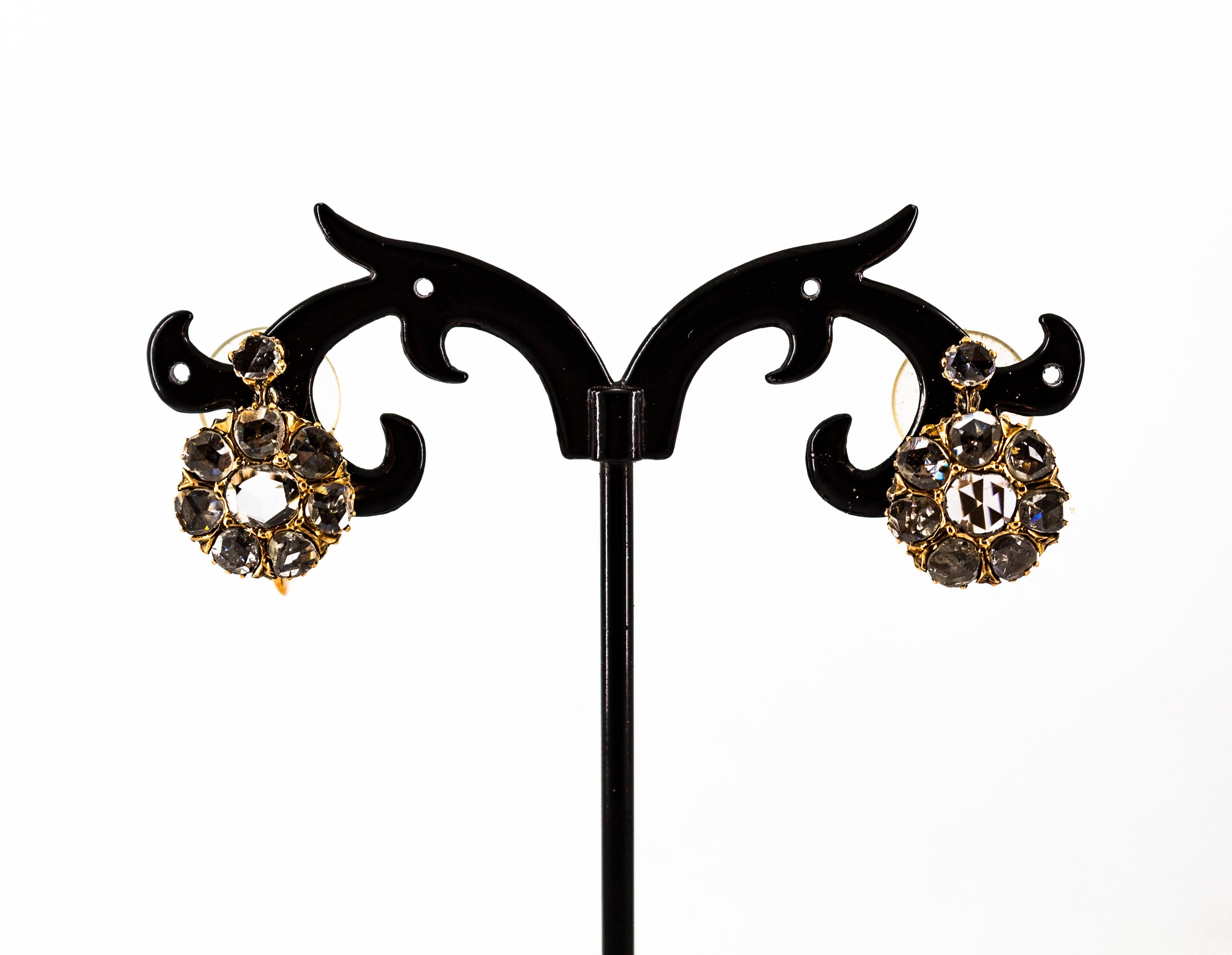 Art Deco Style 3.00 Carat White Rose Cut Diamond Yellow Gold Dangle Earrings For Sale 2