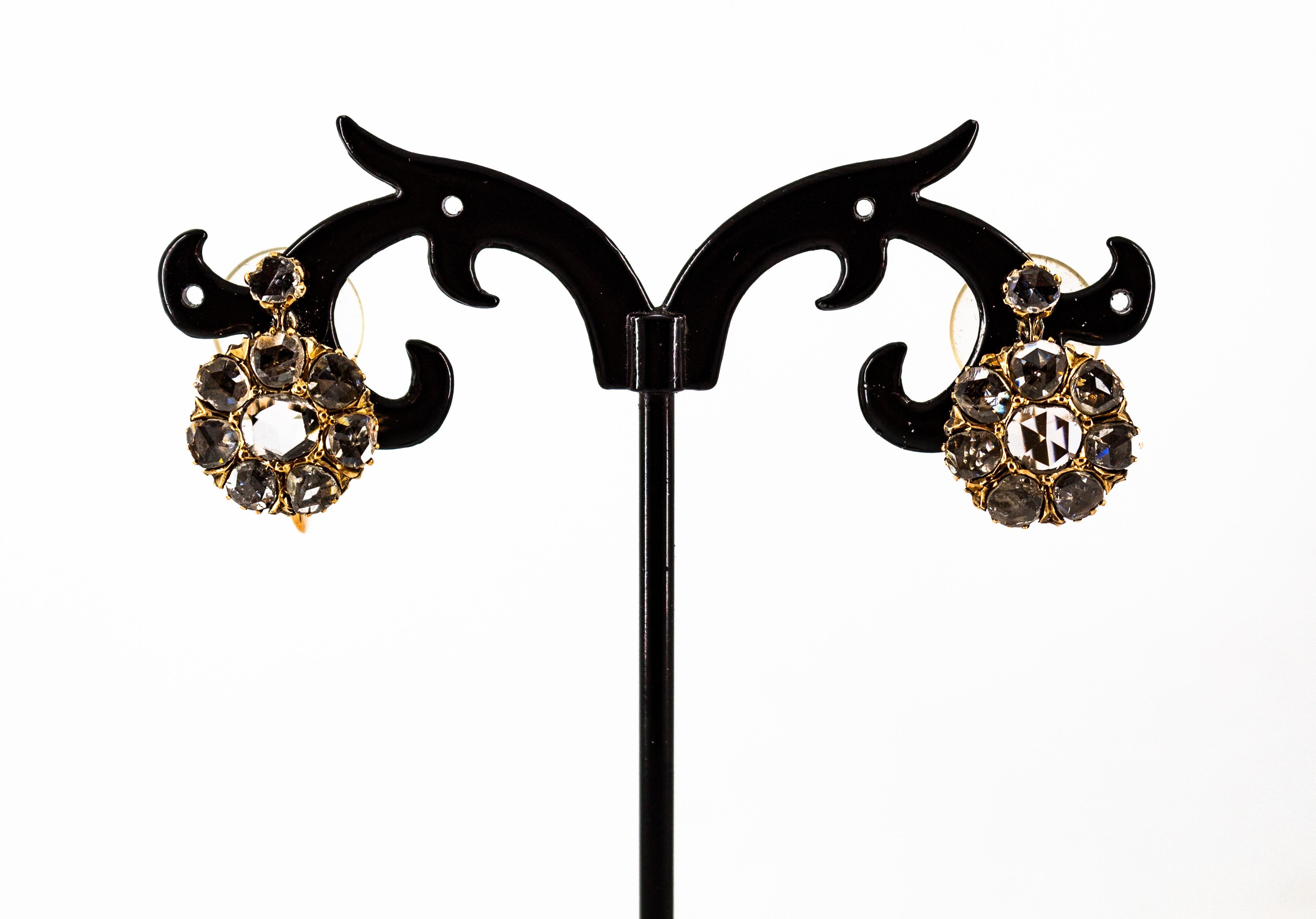 Art Deco Style 3.00 Carat White Rose Cut Diamond Yellow Gold Dangle Earrings For Sale 3