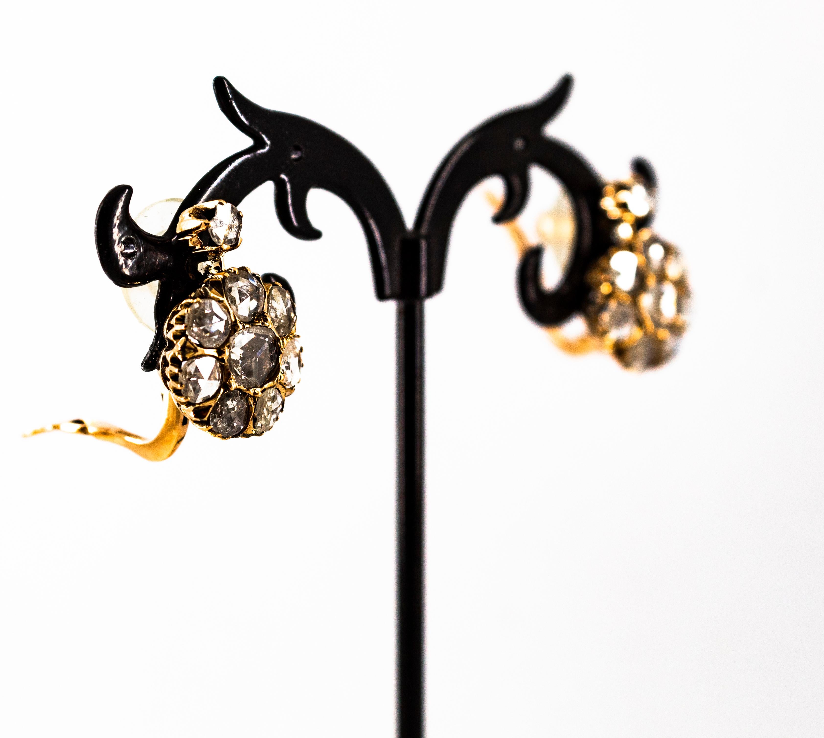 Art Deco Style 3.00 Carat White Rose Cut Diamond Yellow Gold Dangle Earrings For Sale 4