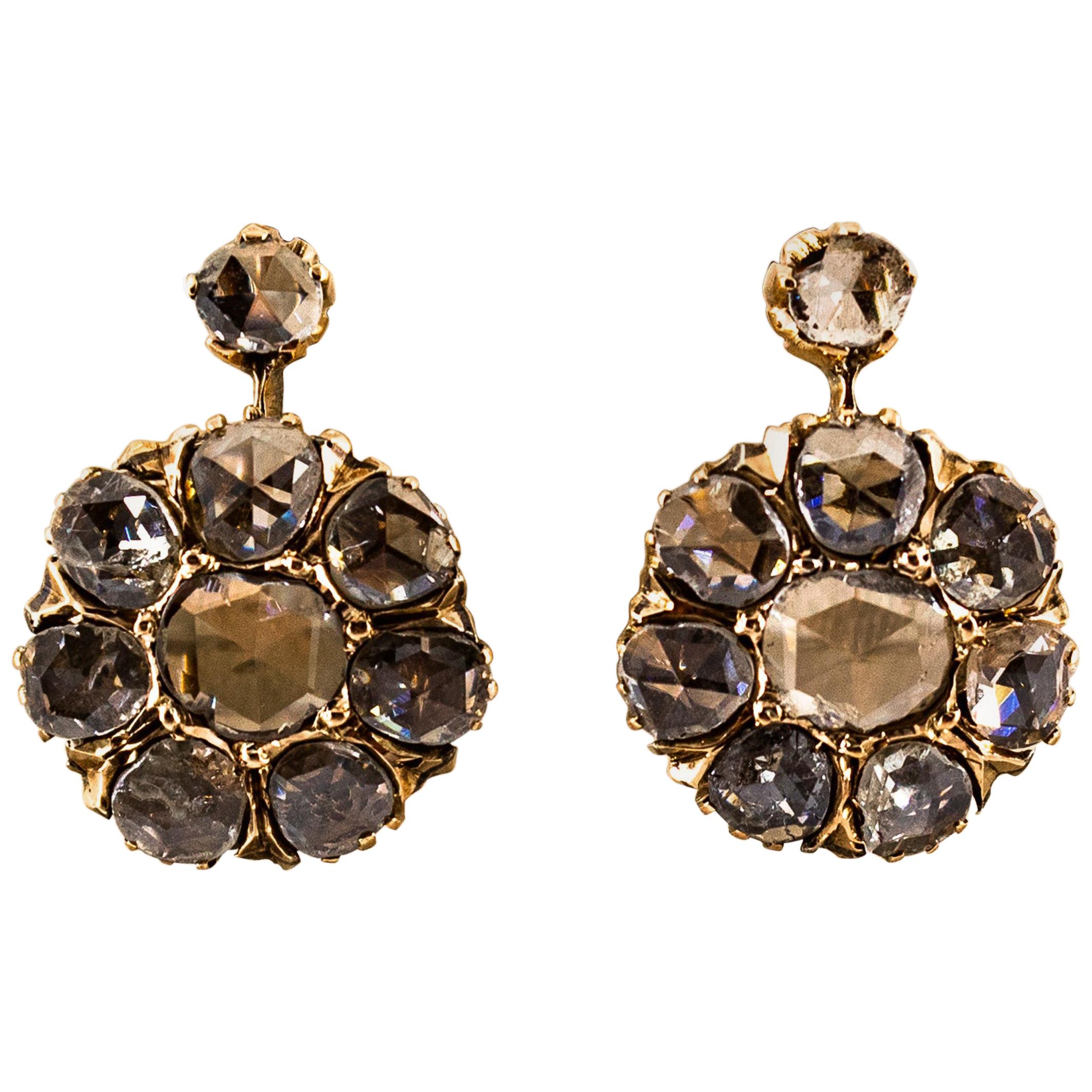 Art Deco Style 3.00 Carat White Rose Cut Diamond Yellow Gold Dangle Earrings For Sale