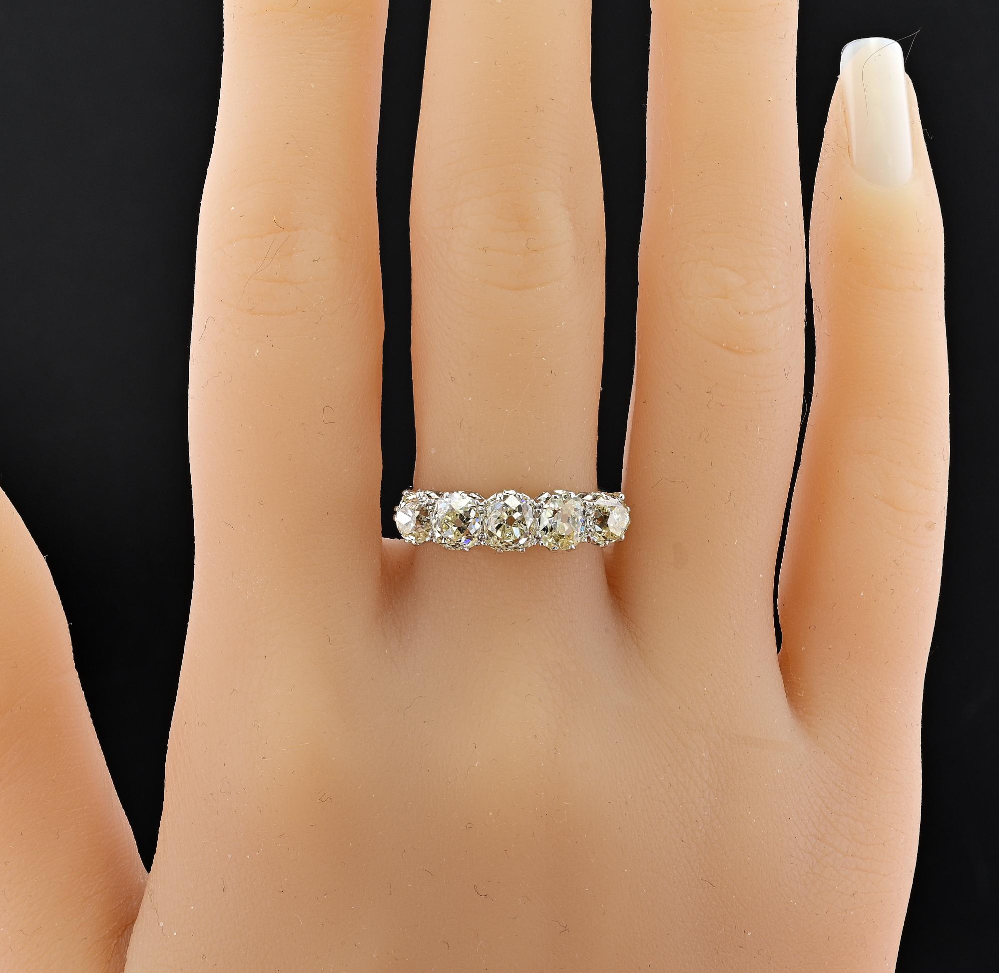 Art Deco 3.00 Ct Diamond Old Mine Five Stone Platinum Ring For Sale 5
