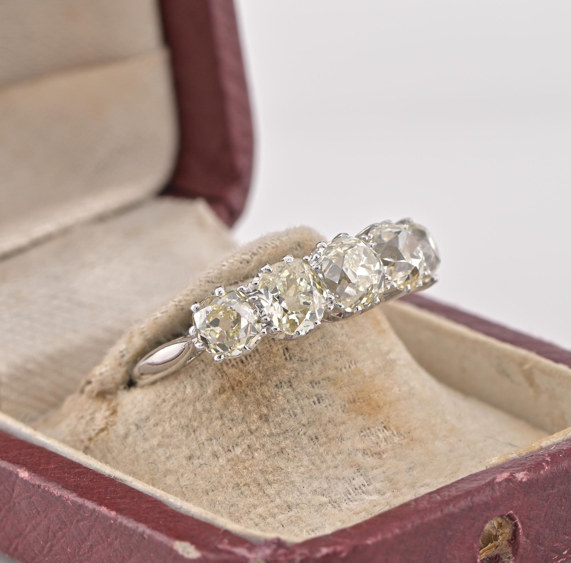 Old Mine Cut Art Deco 3.00 Ct Diamond Old Mine Five Stone Platinum Ring For Sale